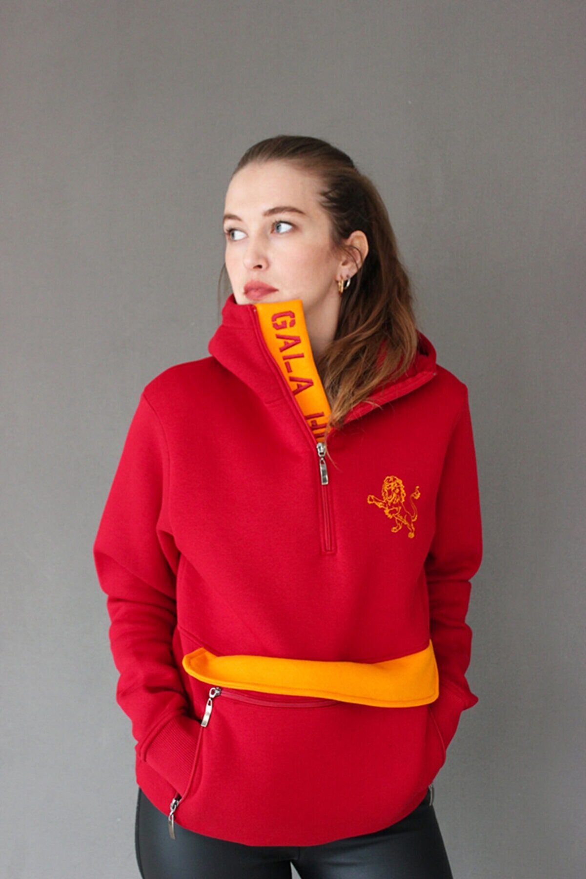 TP Wear Kadın Sarı Kırmızı Kanguru Cepli Kapüşonlu Sweatshirt