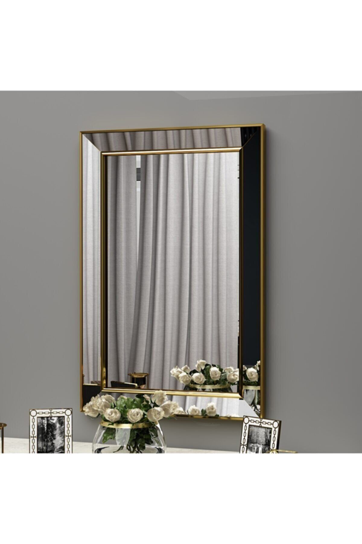 MONEayna Tekli Ayna Çerçeveli Dekoratif Salon Ofis Duvar Aynası 50x75 Altın
