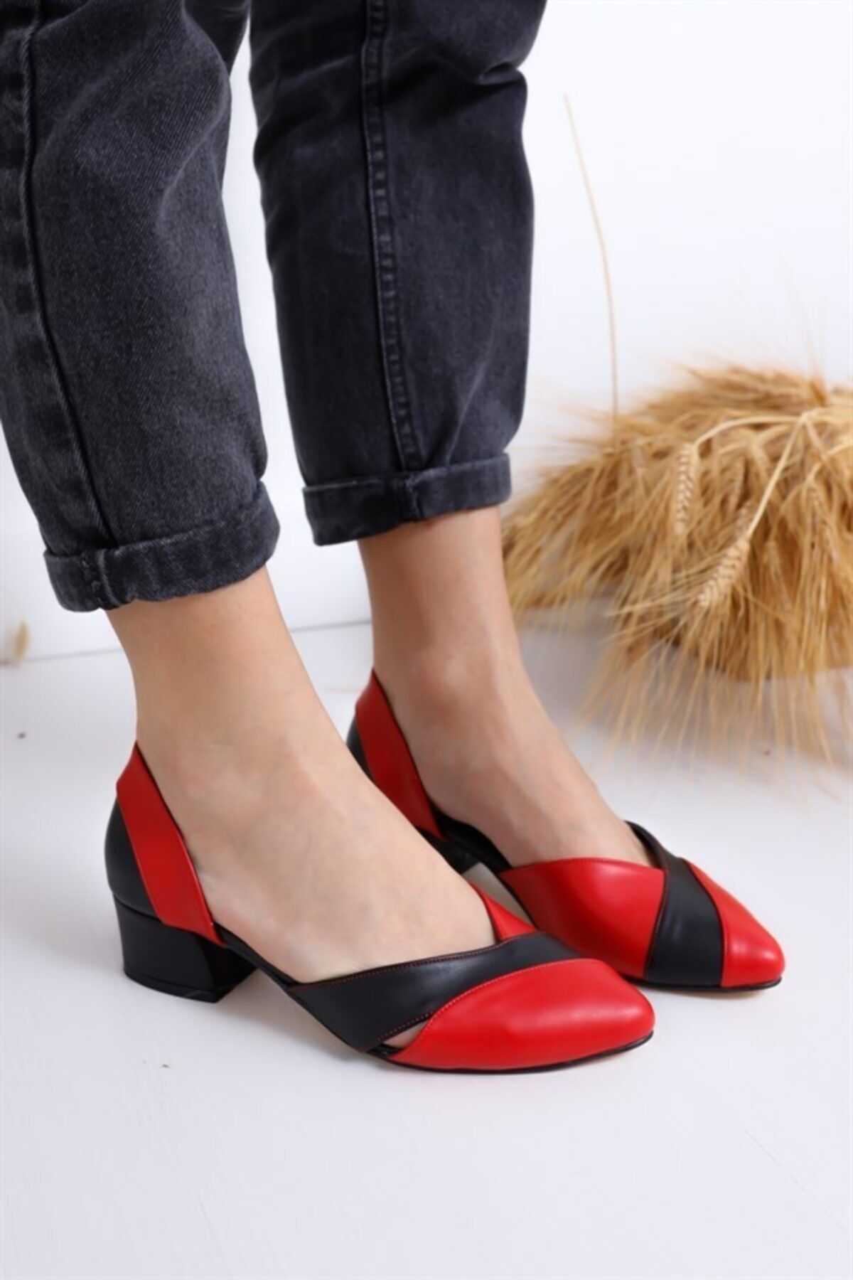 Genel Markalar Peggy Topuklu Siyah-kırmızı Cilt Ayakkabı