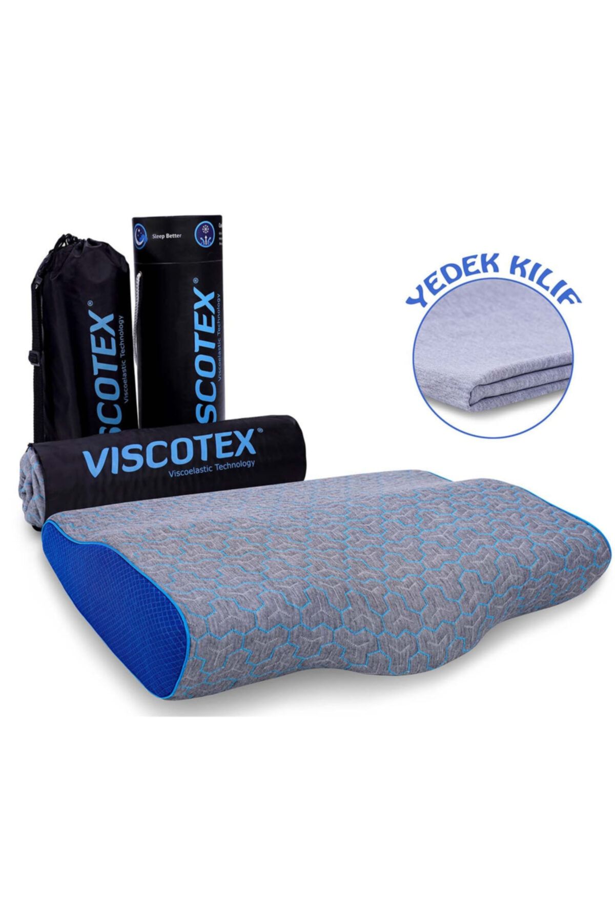 VİSCOTEX Boyun Destekli Isı Düzenleyici Kılıflı Ekstra Kılıf Taşıma Çantalı Visco Yastık-60x40x11/7 Cm, Mavi