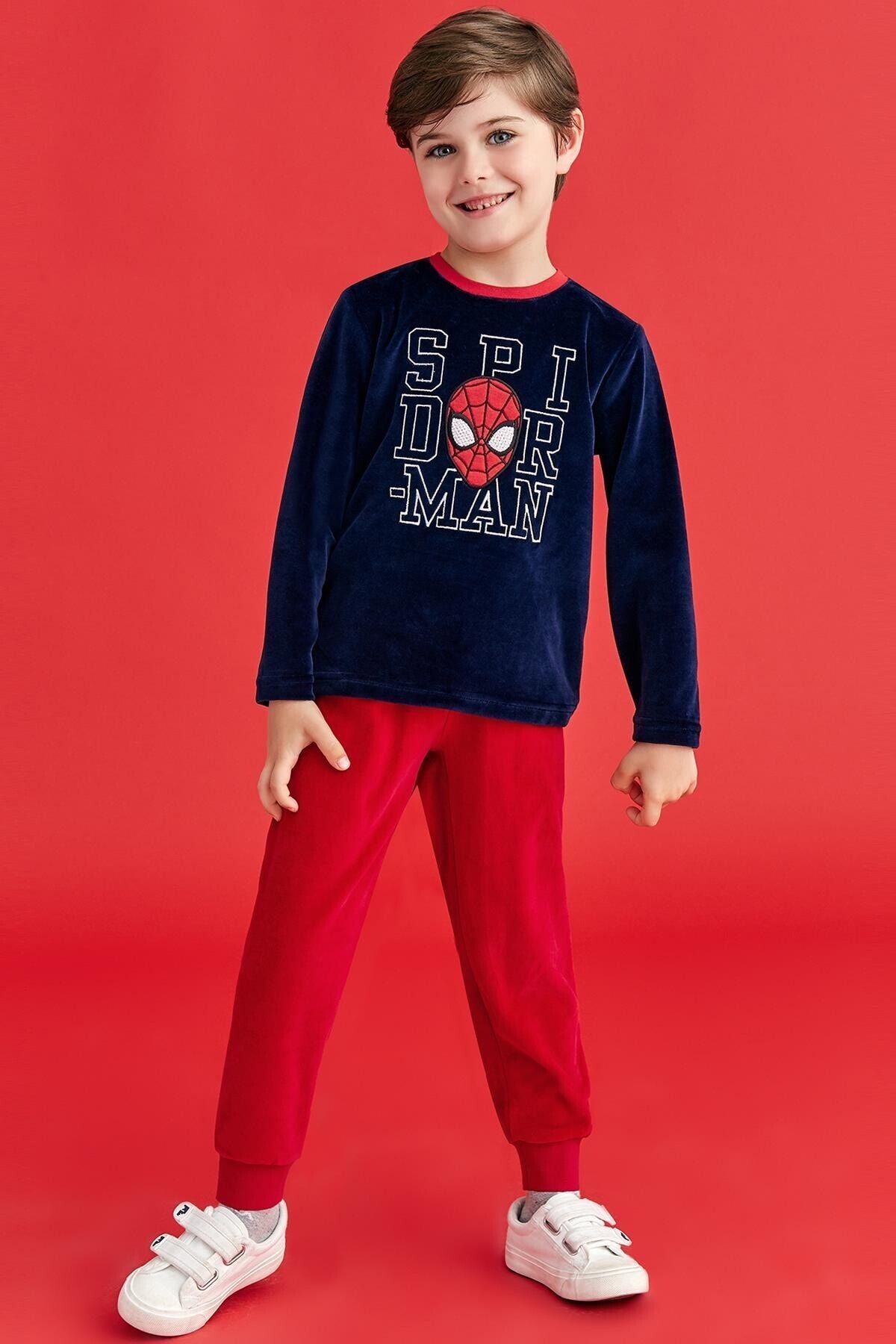 MARVEL Spider Man Lisanslı Erkek Çocuk Kadife Pijama Takımı Kırmızı