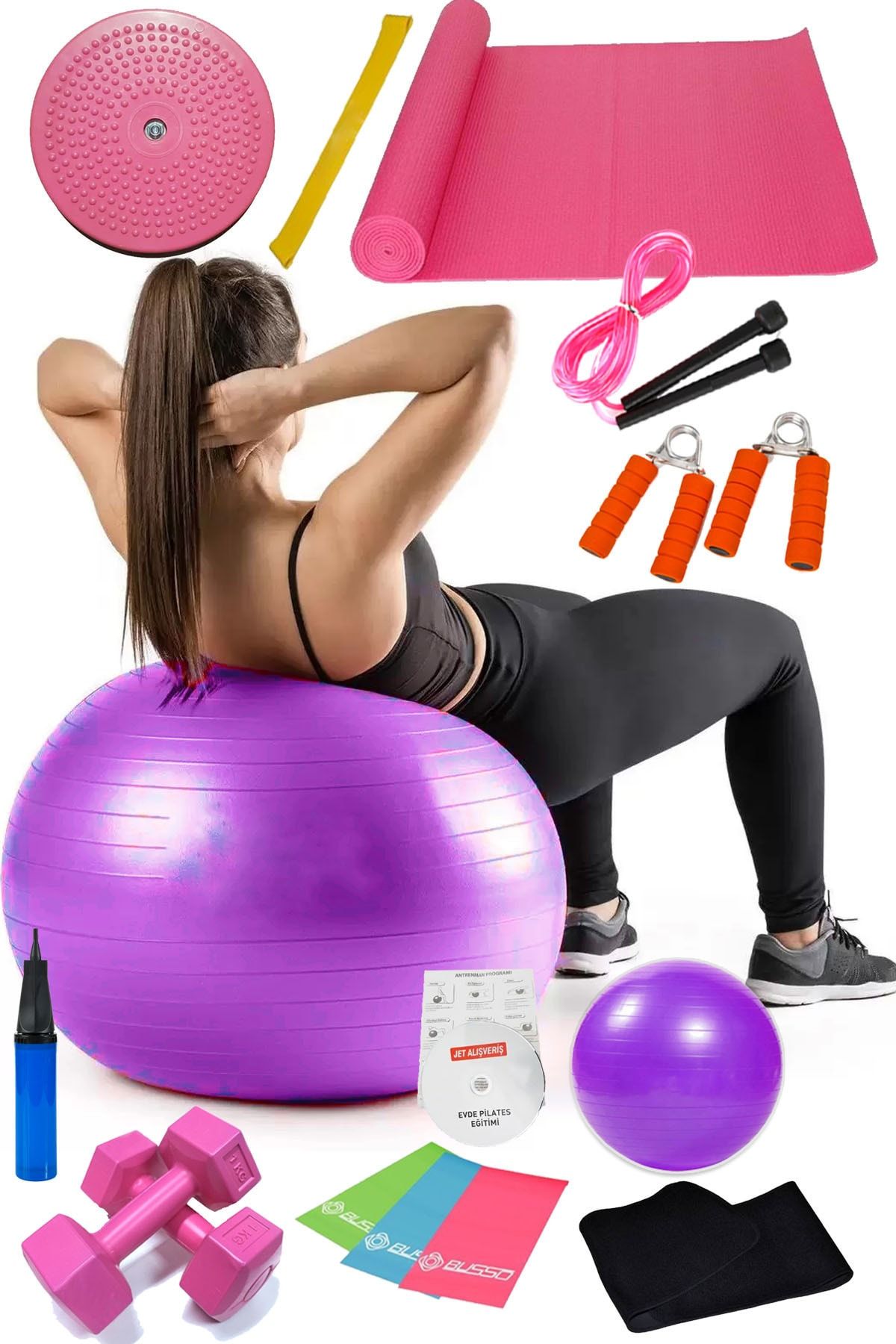 Jet 15 Li Pilates Seti Topu Pilates Bandı Dambıl Minder Atlama Ipi Twister Aerobik Kemer El Yayı Mor