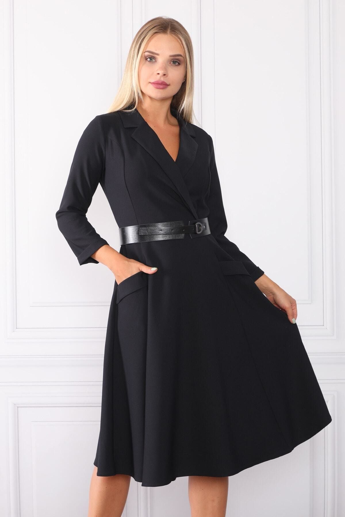 Element's Kadın Siyah Kruvaze Yaka Cep Ve Yaka Detaylı Elbise