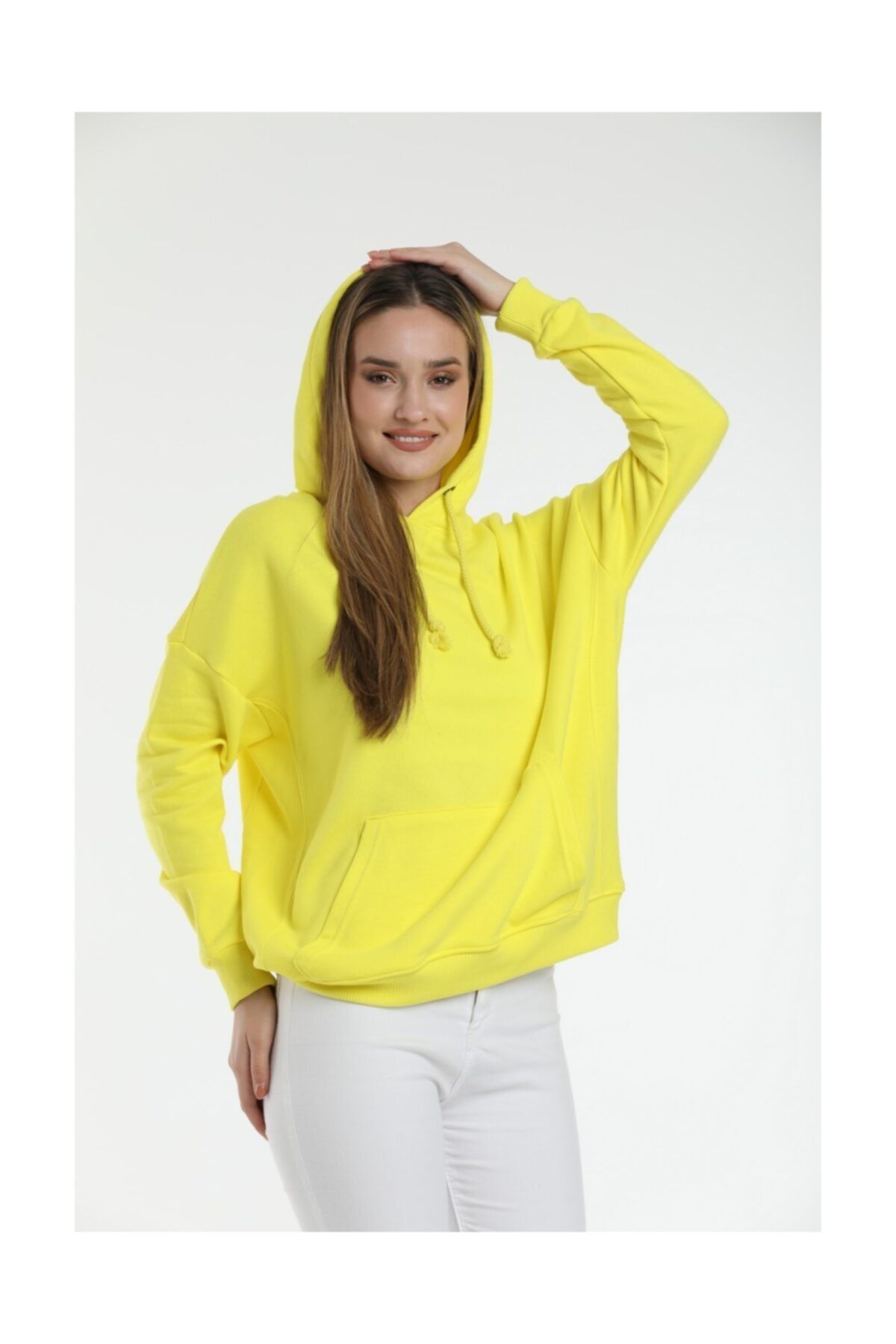 TT ROTTFİELD Kadın Kapşonlu Sweatshirt Oversize Neon Sarı Renk Kanguru Cepli