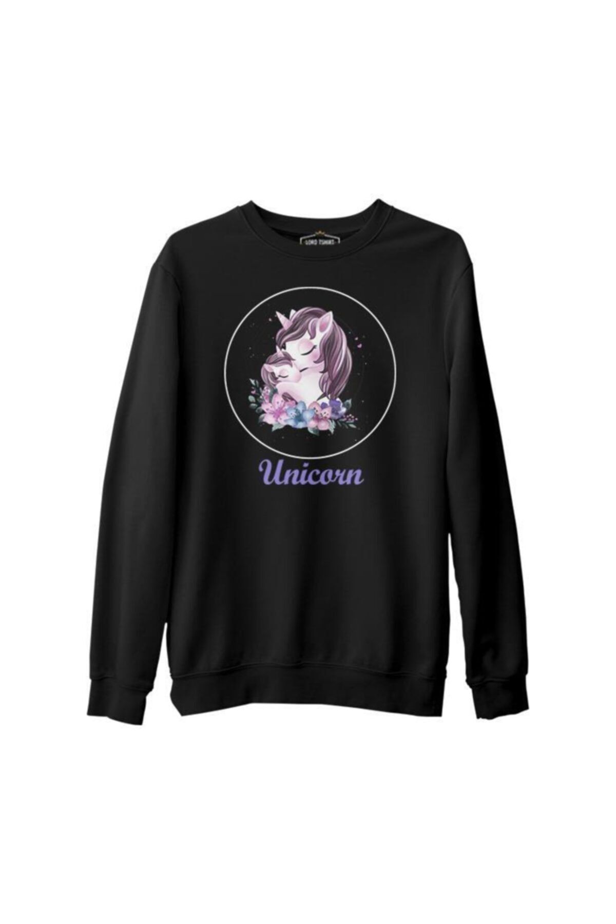 Lord T-Shirt Unicorn Çiçek Anneler Günü Siyah Unisex Kalın Sweatshirt