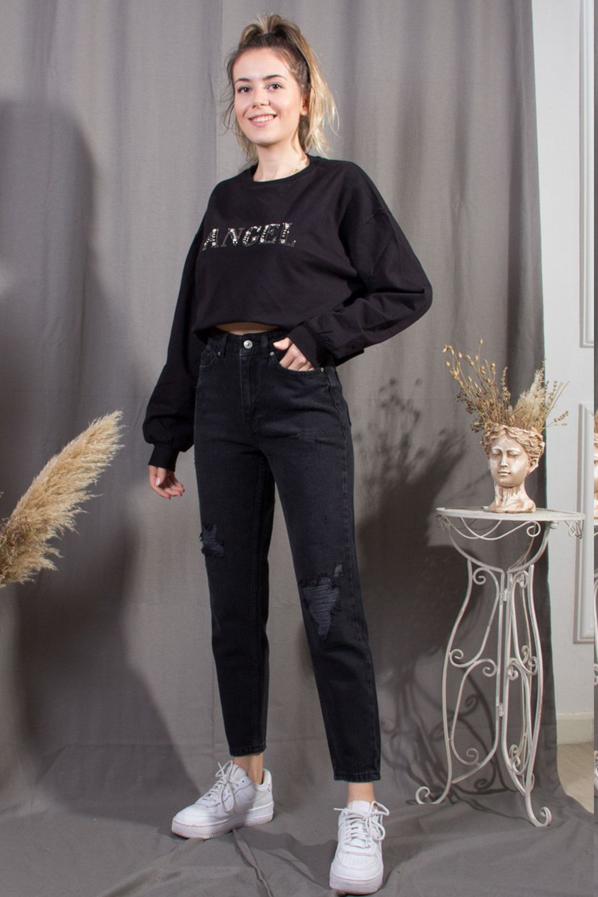 fehika Kadın Siyah Lazerli Yırtık Dar Kalıp Denim Jeans Kot Pantolon