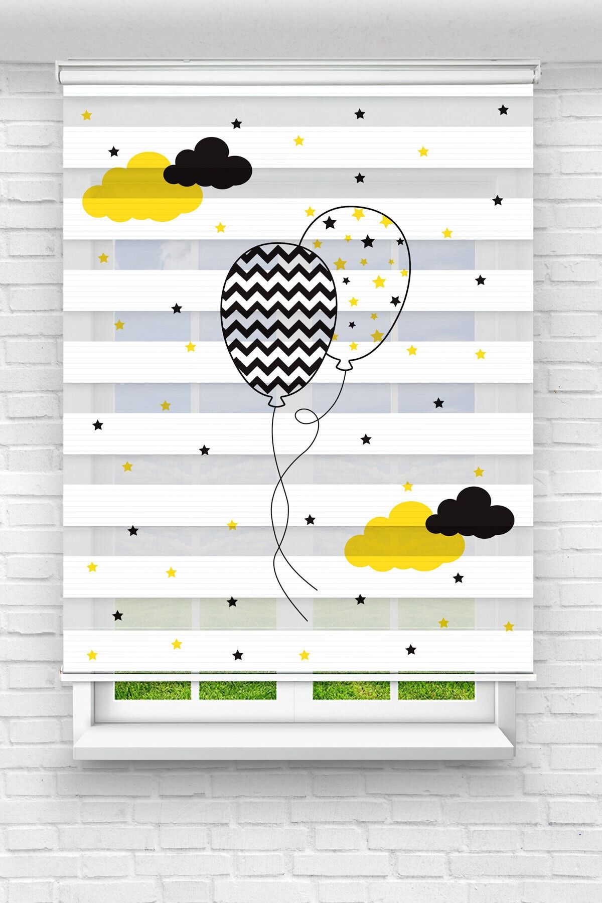 UCUZPERDEDUNYASI Brillant Bulutlar Ve Balonlar Baskılı Bebek - Çocuk Odası Zebra Perde