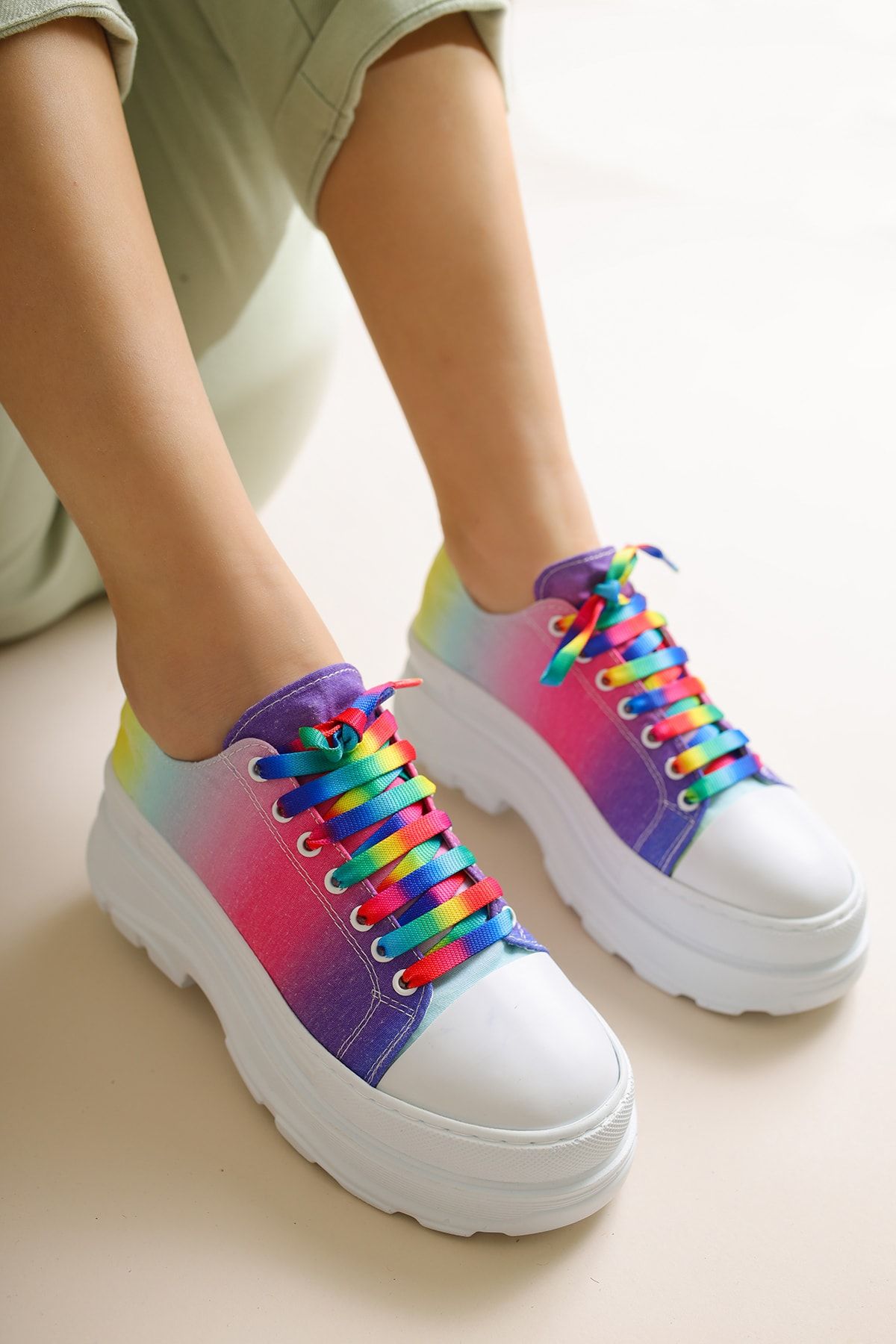 Limoya Alyce Çok Renkli Keten Kumaş Bağcıklı Sneakers Spor Ayakkabı