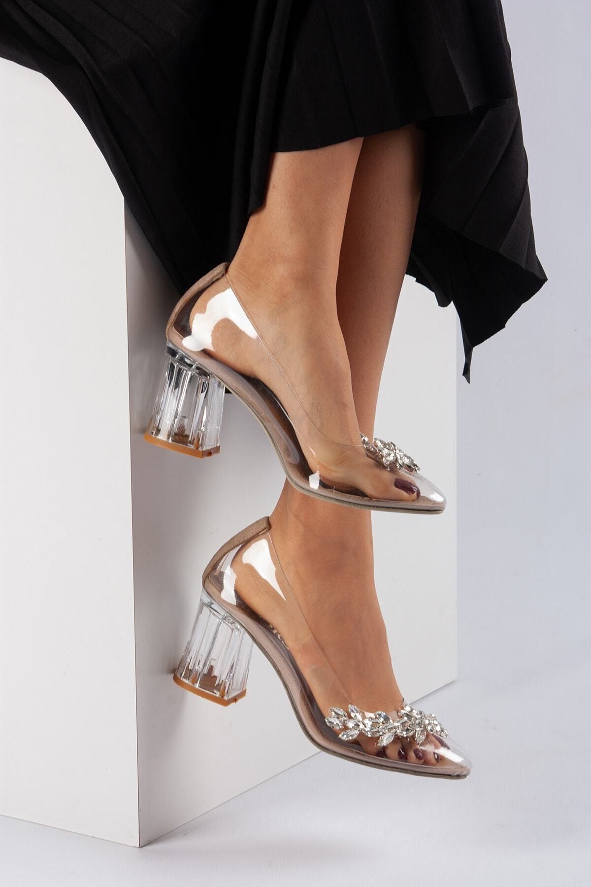 FORS SHOES Princess Ten Şeffaf Taş Detaylı Kadın Topuklu Ayakkabı 8 Cm