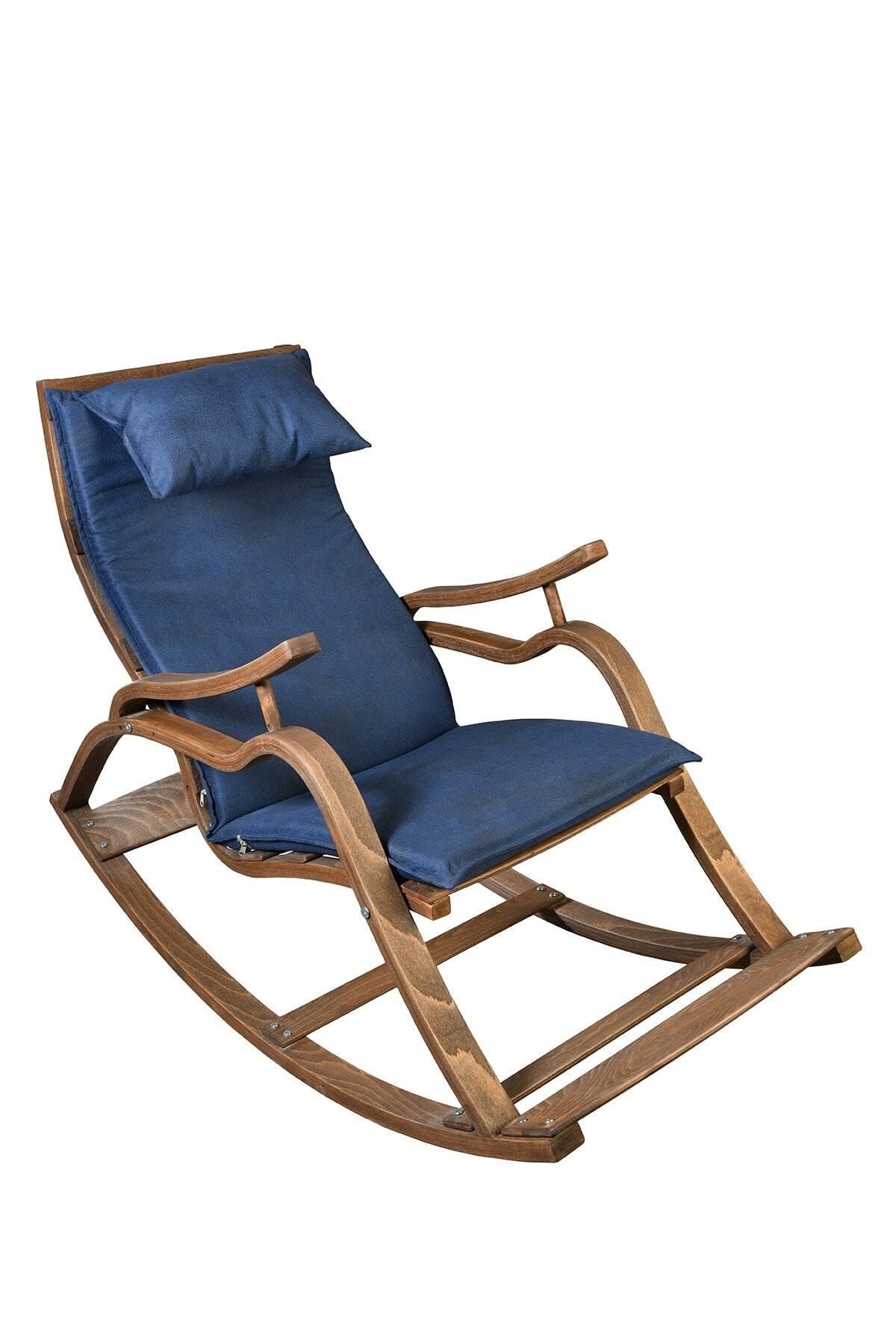 Aeka Ae-5002 Marmara Sallanan Sandalye Lacivert Minderli Ceviz Rengi Dinlenme Sandalyesi