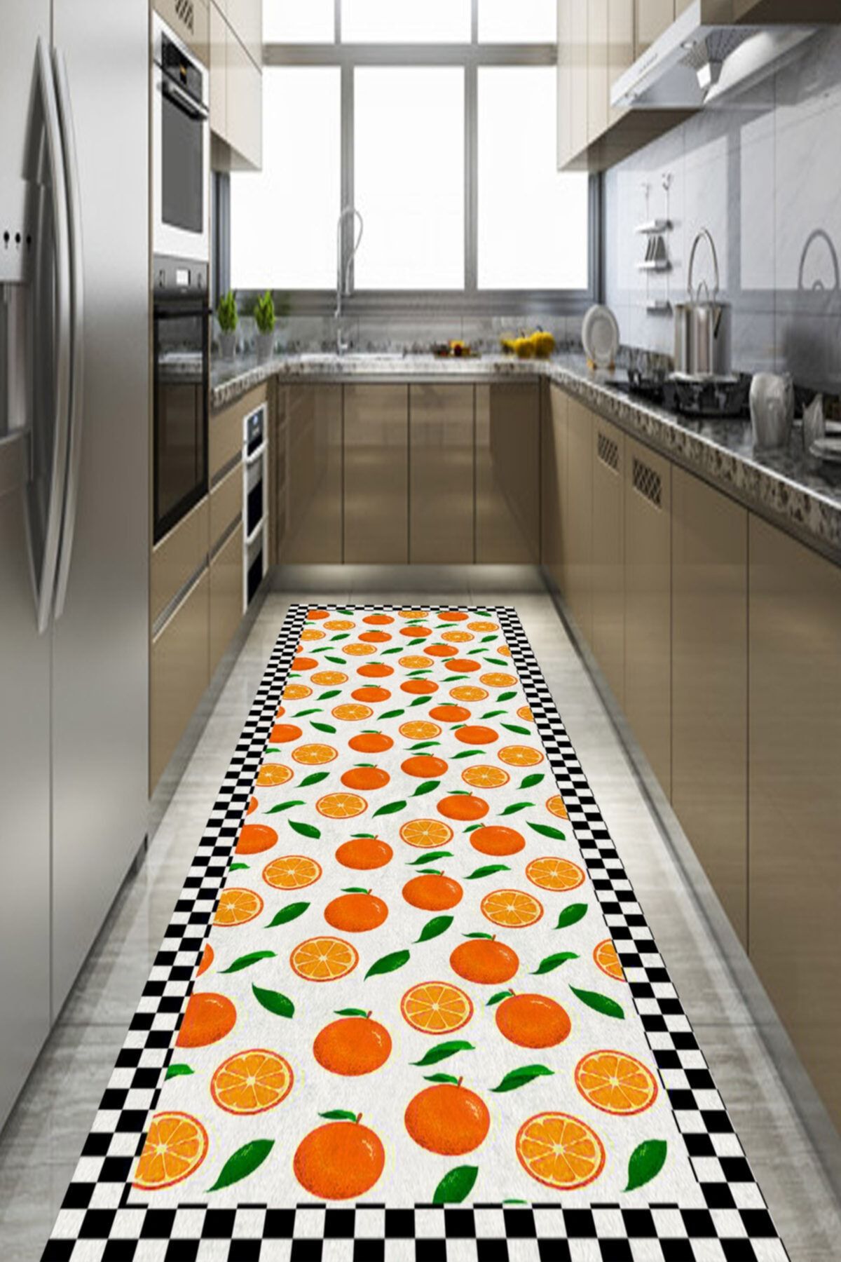 NEVA HOME Dijital Baskılı Siyah Beyaz Çerçeveli Portakal Desenli Mutfak Halısı
