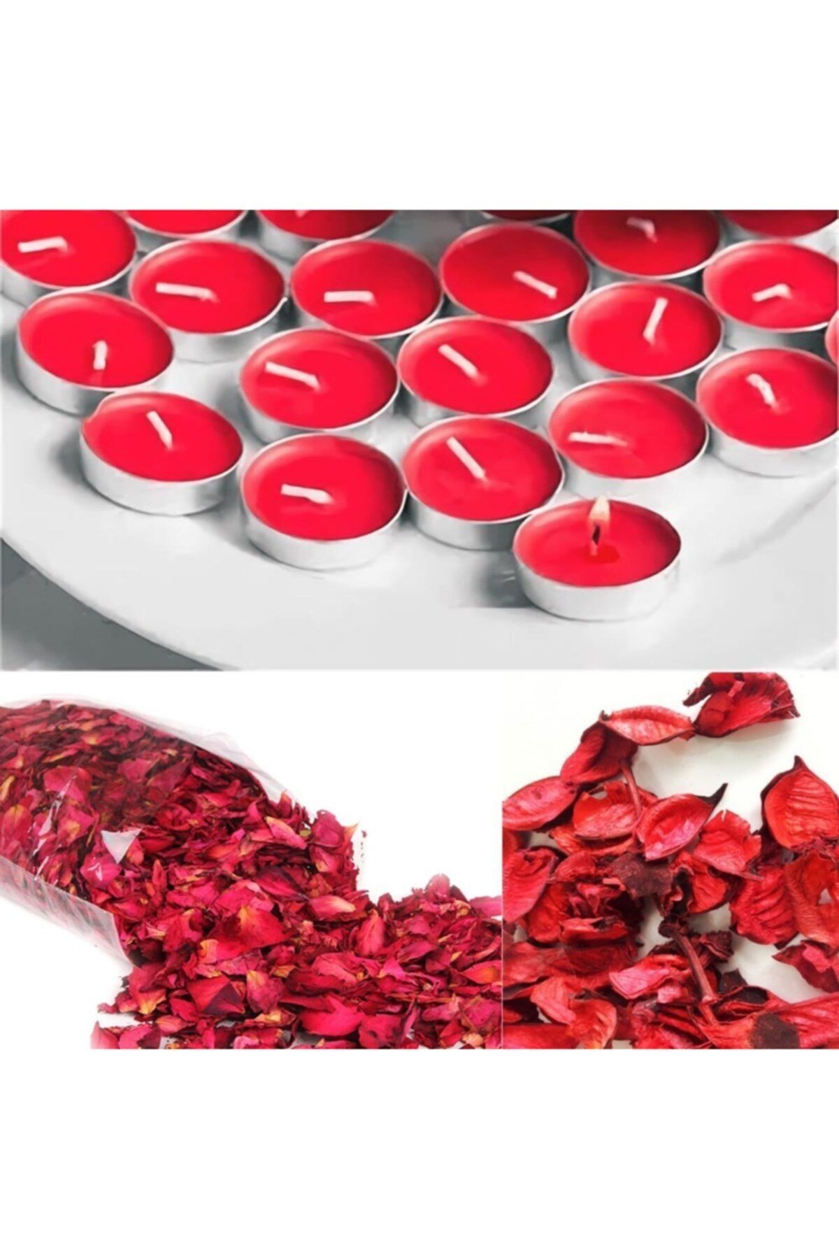 Genel Markalar Süsleme Kuru Gül Yaprağı 1000 Adet Ve 25 Adet Kırmızı Tealight Mum Romantik Set