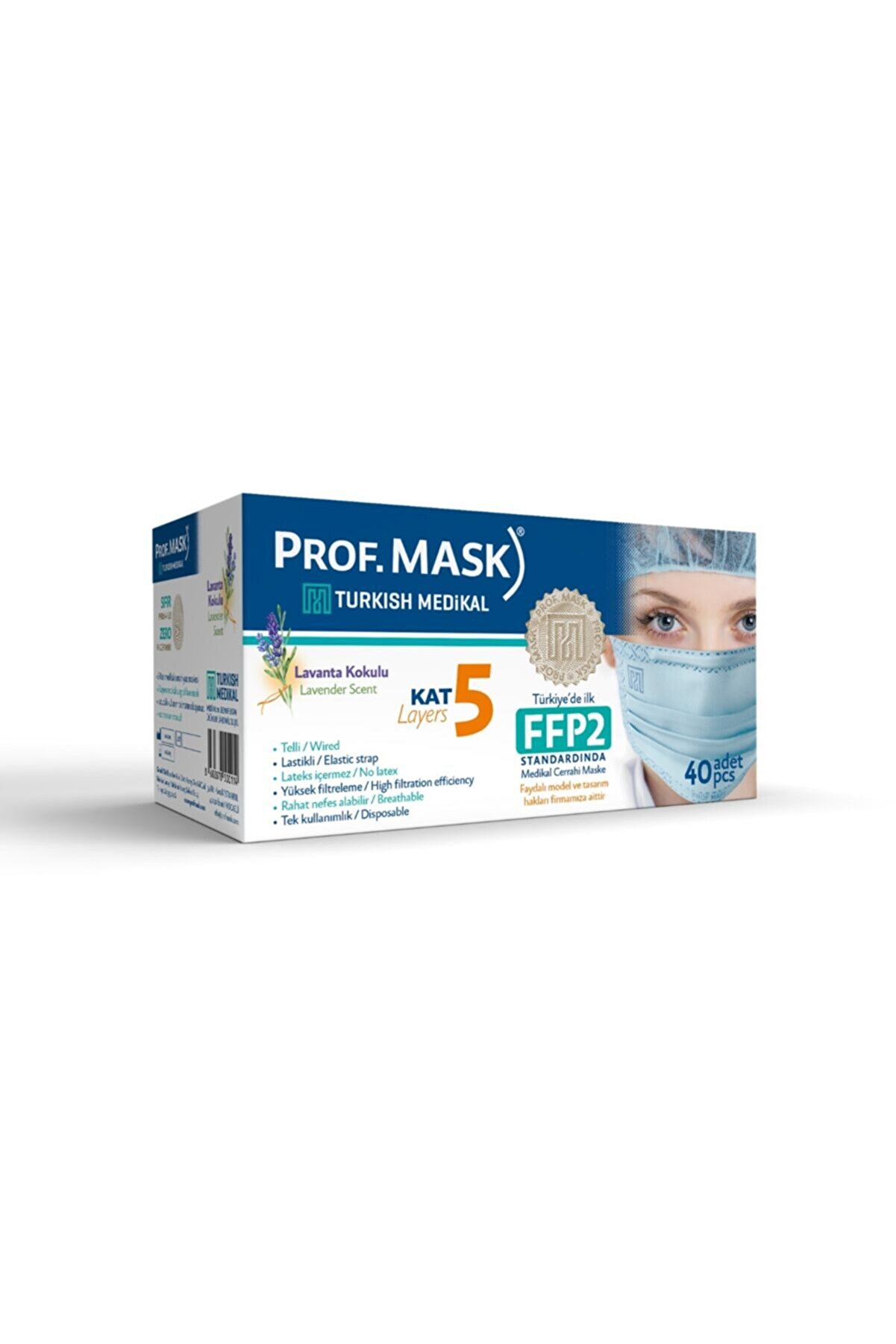 Prof mask 5 Kat Cerrahi Maske Turkuaz Lavantalı (40’lı Kutu) 8682878500019