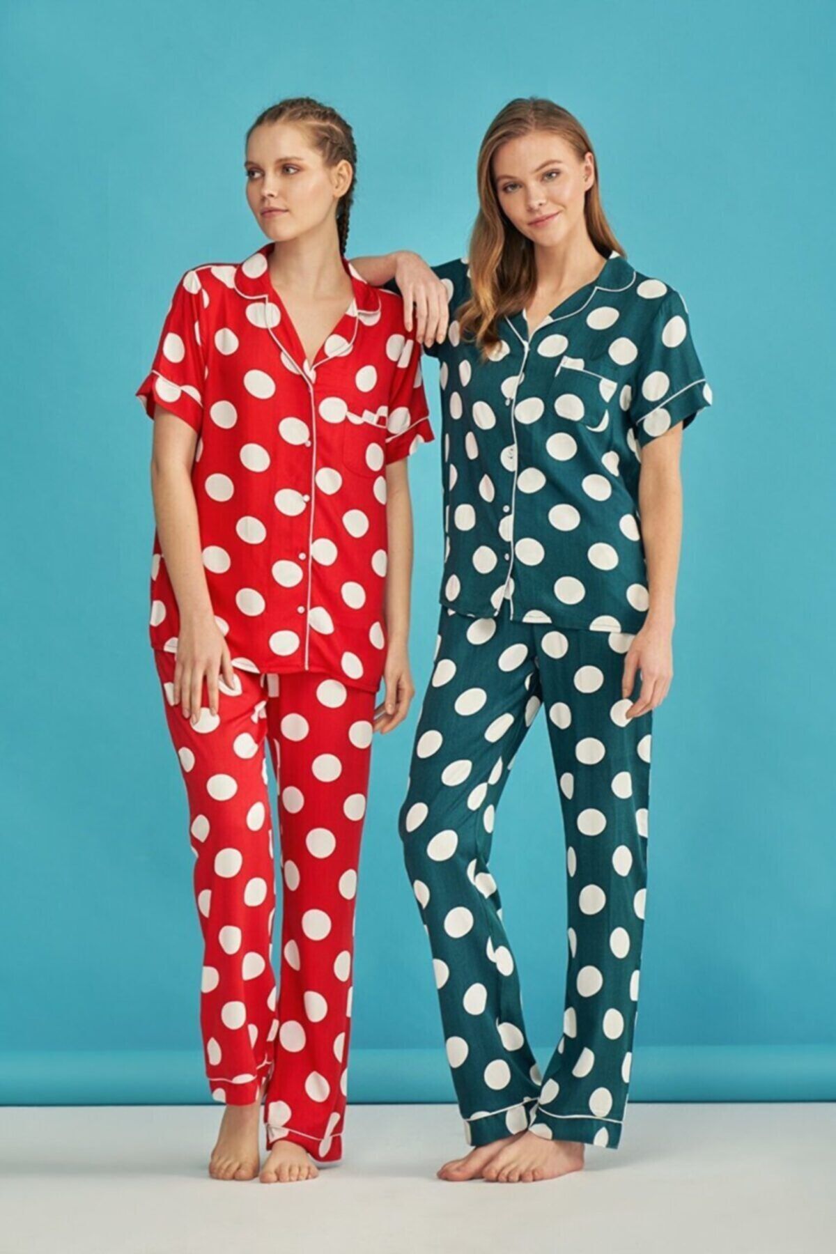 IBIZA Pijama Kadın Kırmızı Dokuma Kumaş Önden Düğmeli Kısa Kol Ev Giyimi 7446