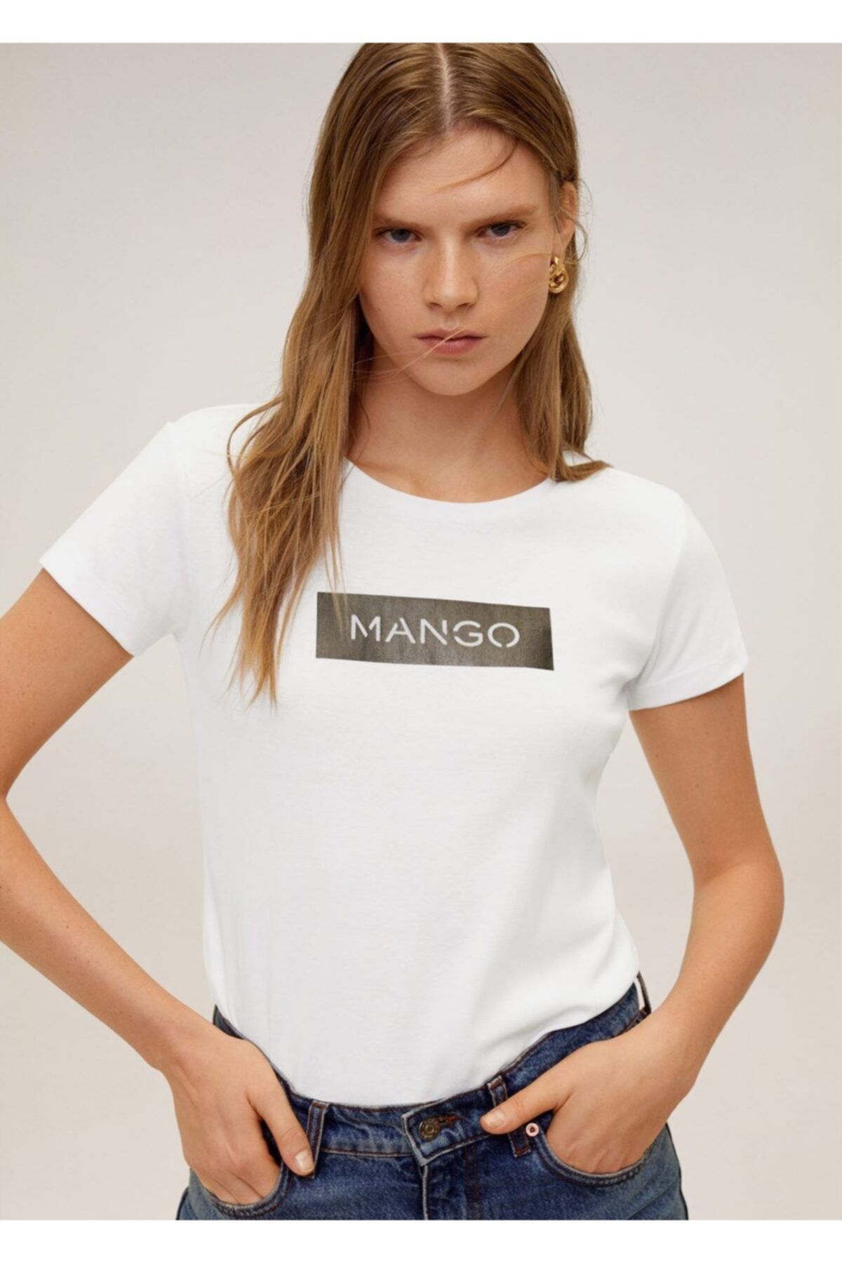 MANGO Kadın Beyaz Pamuklu Logolu Tişört 67000604
