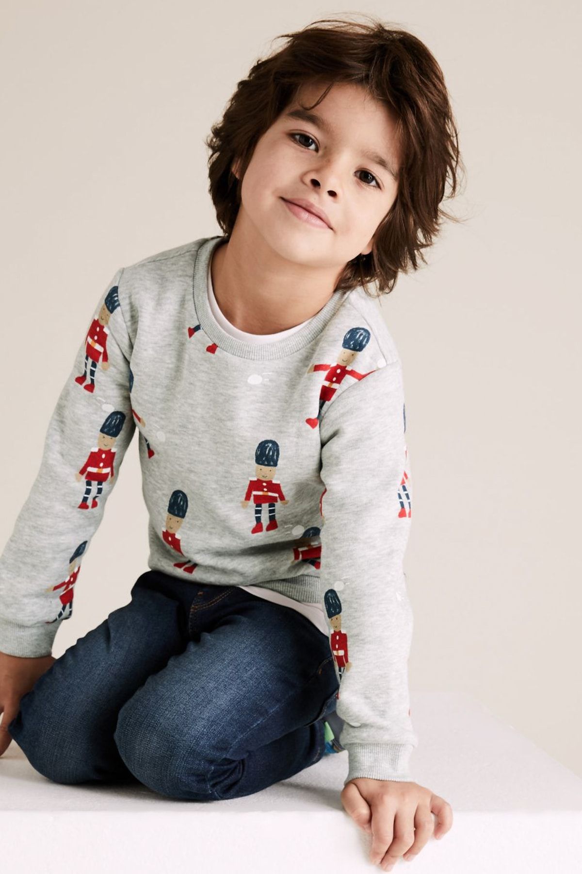 Marks & Spencer Erkek Çocuk Kurşun Asker Desenli Yuvarlak Yaka Sweatshirt