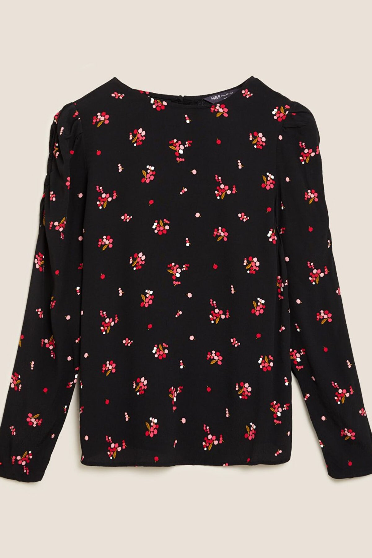 Marks & Spencer Kadın Siyah Çiçek Desenli Kolları Büzgülü Bluz T43002898