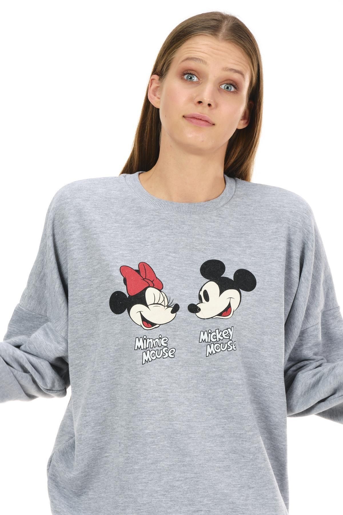 MINNIE MOUSE Gri & Mickey Mouse Lisanslı Baskılı Bisiklet Yaka Oversize Kadın Sweatshirt