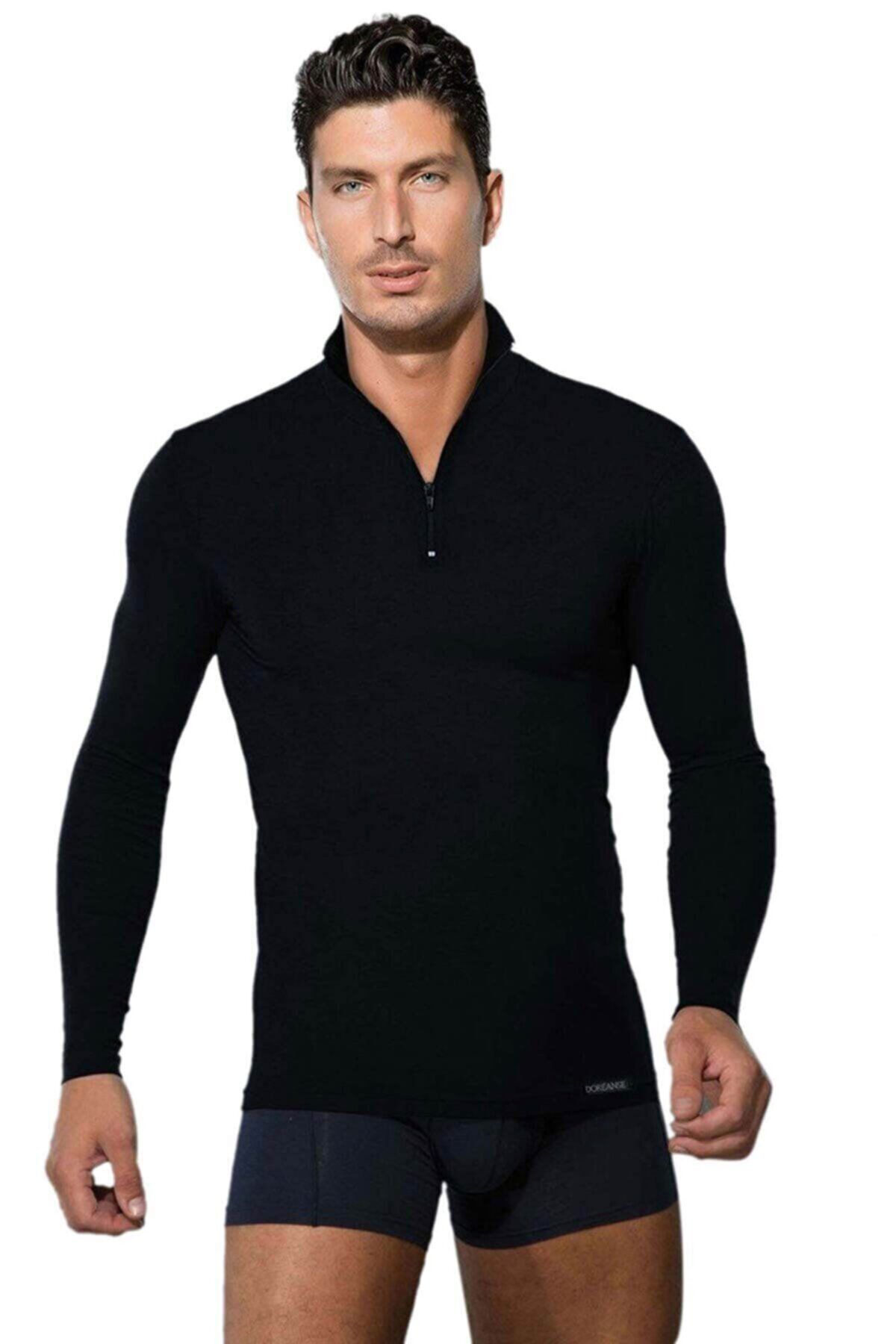 Doreanse Erkek Siyah Viloft Termal Fermuarlı Siyah Uzun Kol T-Shirt