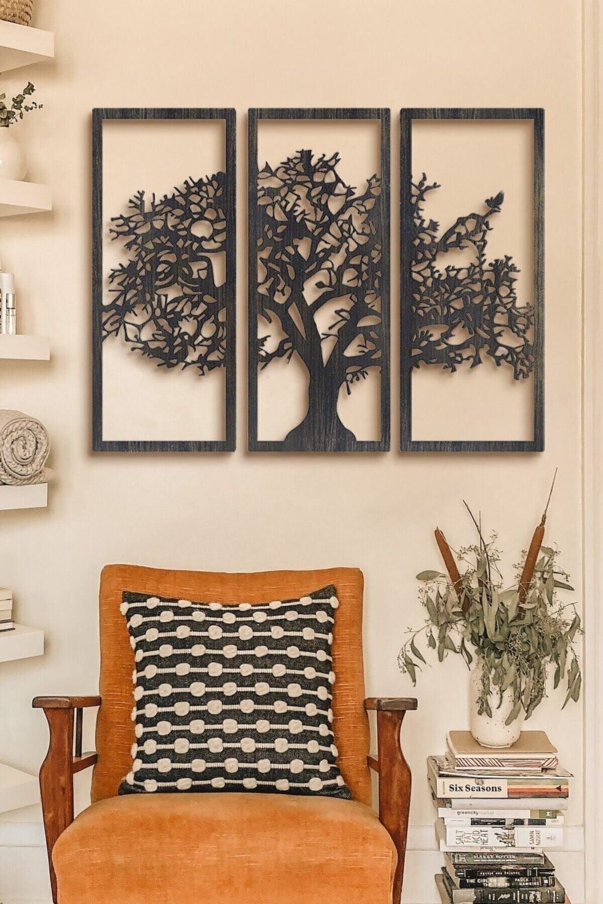 VOİVA Son Bahar 3'lü Siyah Çınar Ağacı Ahşap Tablo Dekorasyon Salon Ofis Tasarım Leaf Dekoratif
