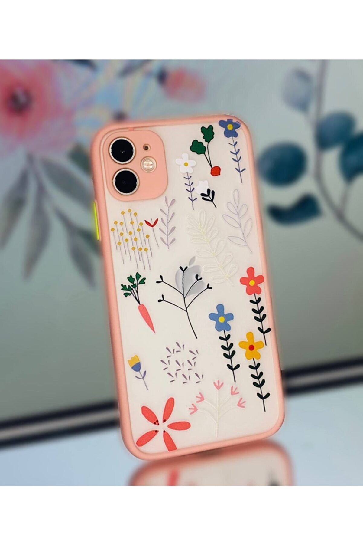 POWELL Iphone 11 Kenarları Renkli Kamera Korumalı Darbe Emici Pembe Çiçekli Kılıf