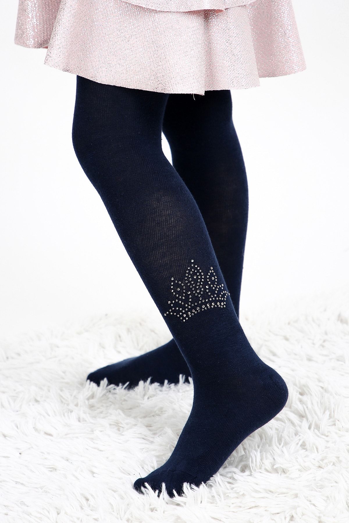 Uçs Kız Çocuk Taç Desen Kristal Taş Baskılı Lacivert Renk Külotlu Çorap 1 Adet