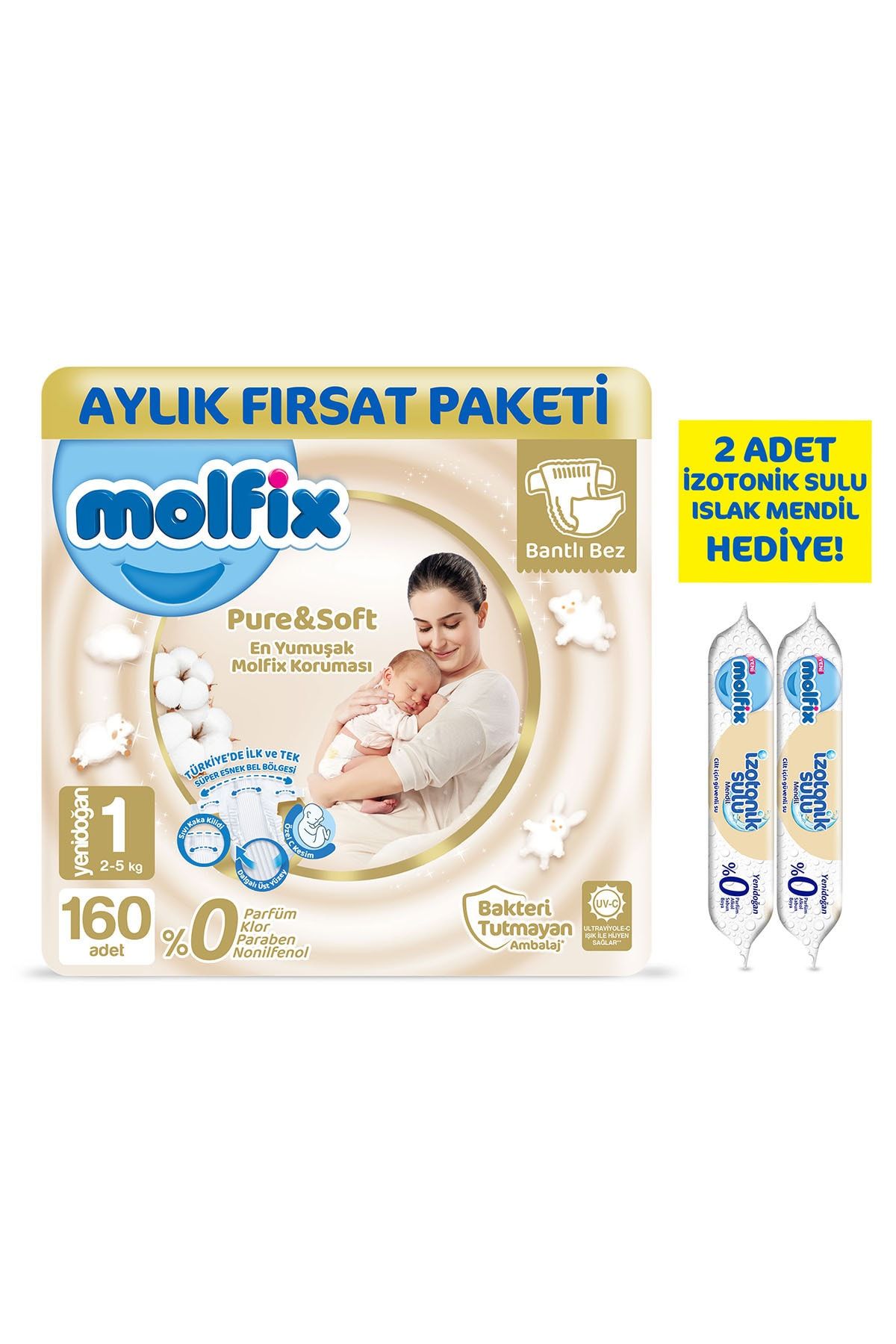 Molfix Pure And Soft Bebek Bezi Yeni Doğan 160 Adet + 2 Adet Izotoniksulu Islak Mendil Yenidoğan