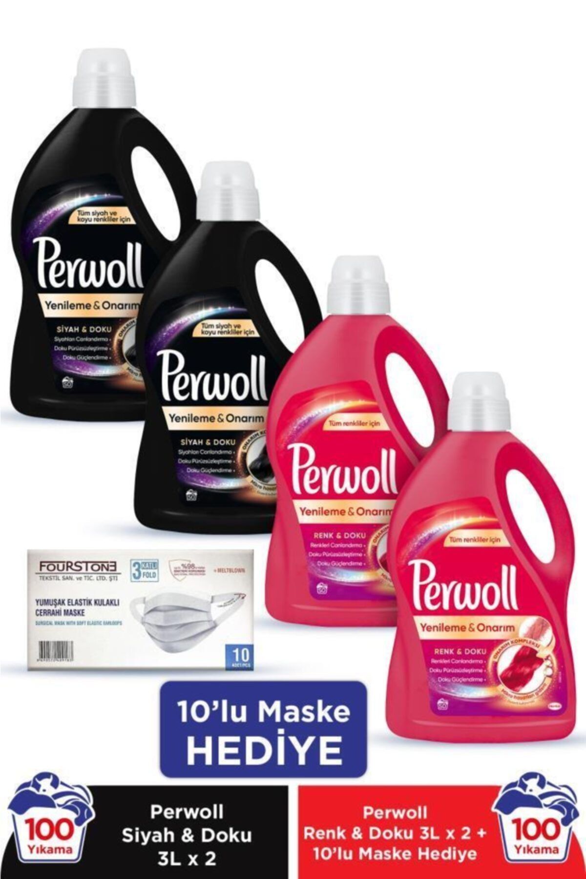 Perwoll Hassas Bakım Sıvı Çamaşır Deterjanı 4 x 3L (200 Yıkama) 2 Siyah + 2 Renkli + 10'lu Maske Hediye