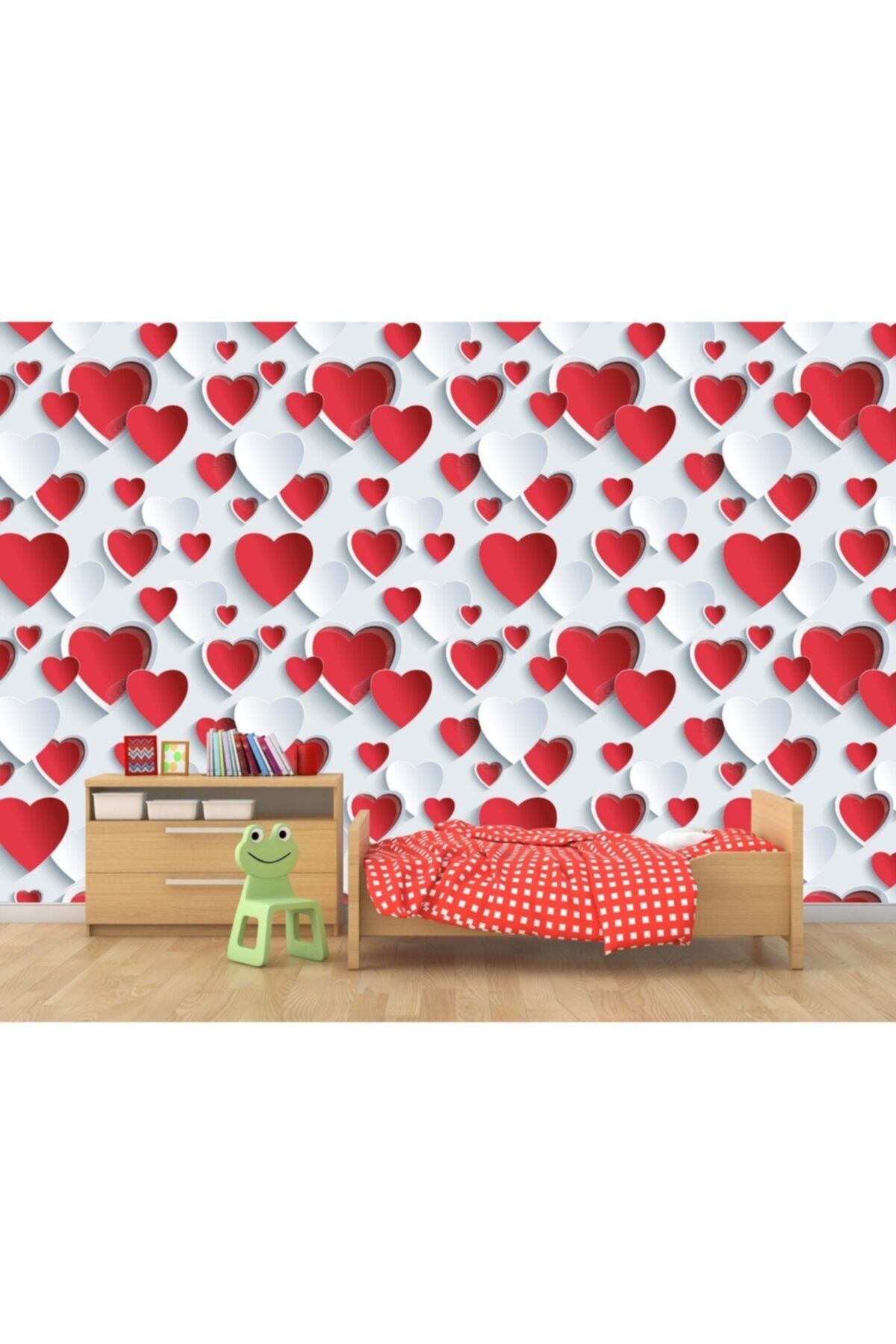 ARSLAN DEKOR Beyaz Ve Kırmızı Kalpli Çocuk Odası Duvar Kağıdı