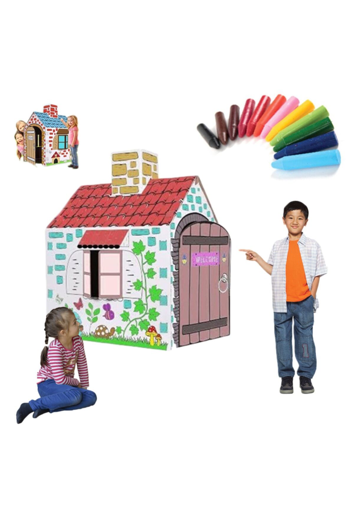 Mashotrend Boyama Evi Pastel Boya - Çocuk Çadır - Karton Oyun Evi - Eğitici Oyuncak