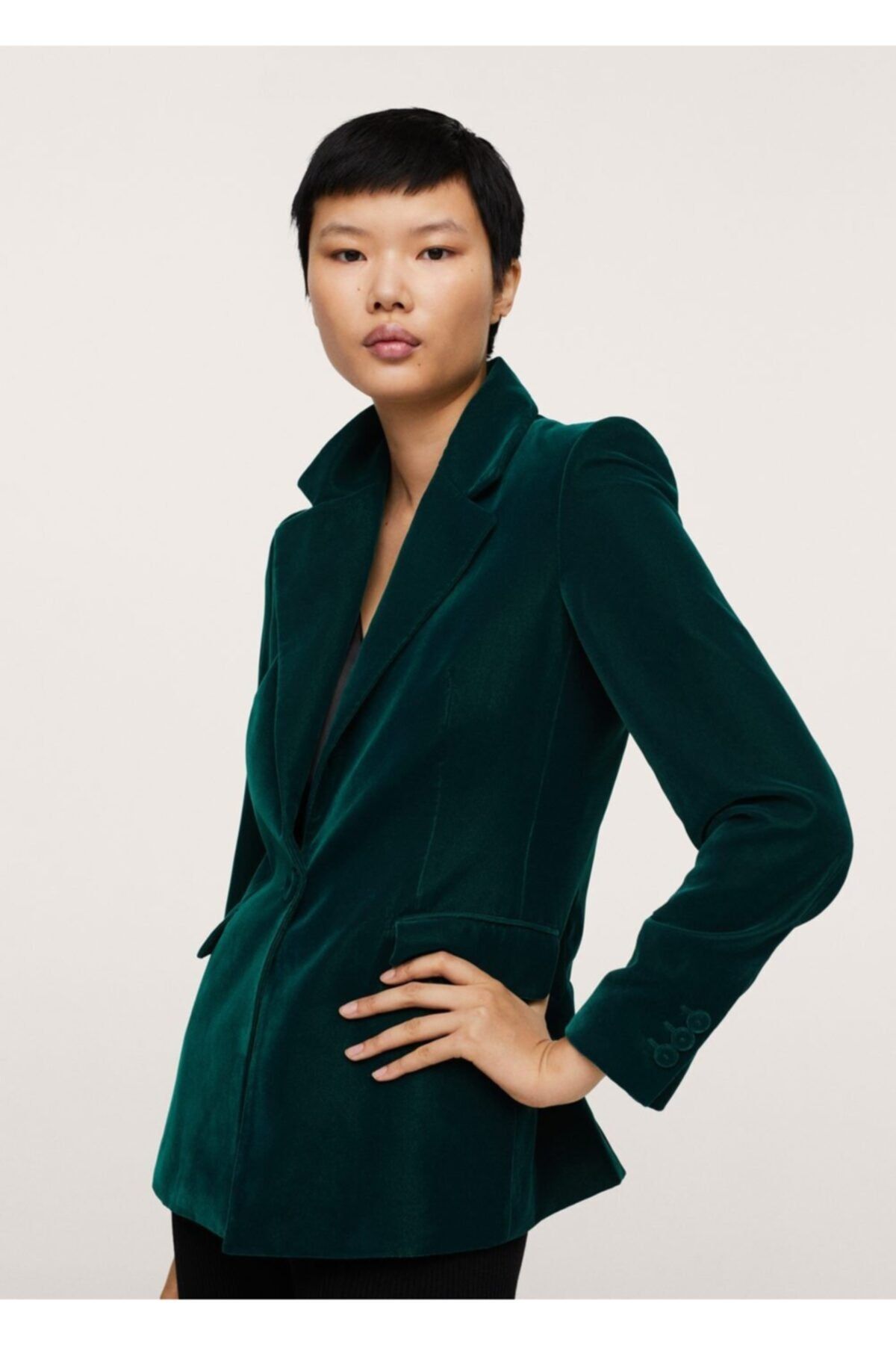 MANGO Kadın Yeşil Kadife Blazer Ceket