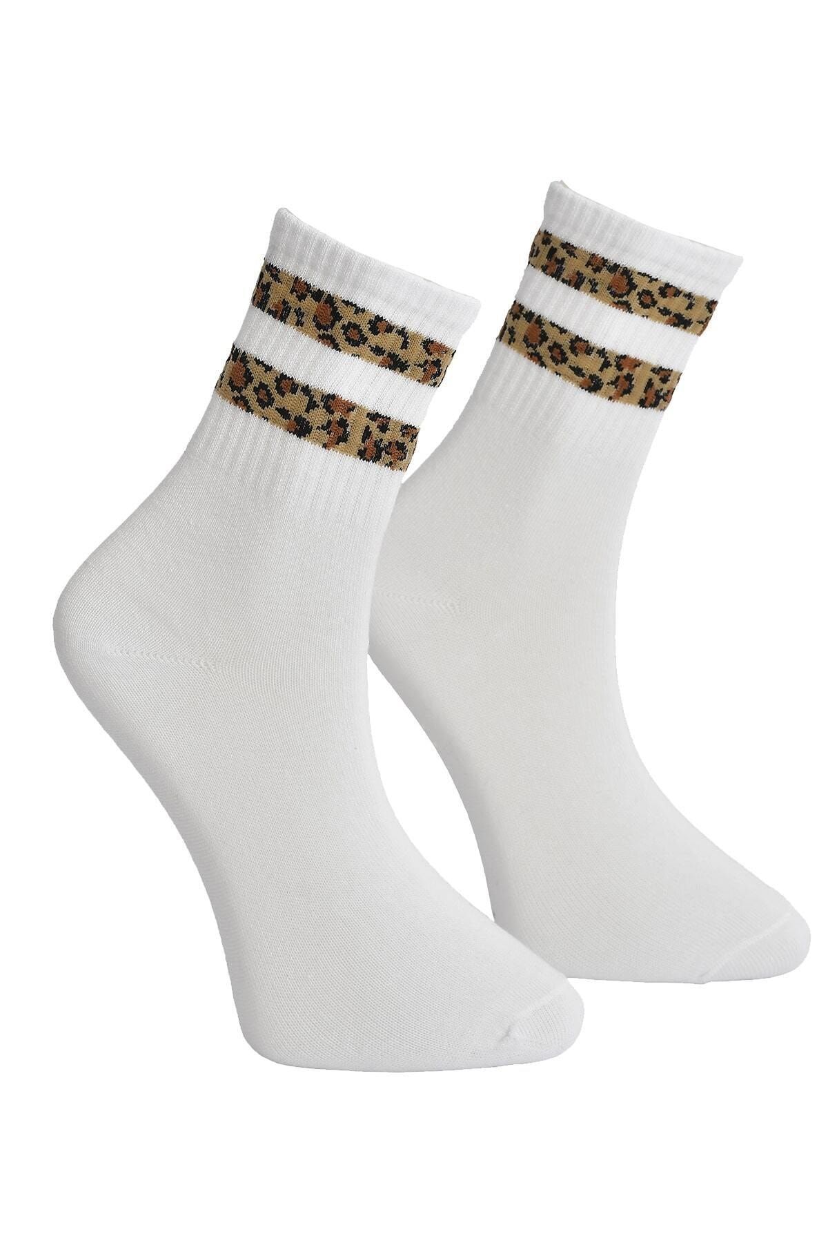 Roi Socks Leopar Şeritli Beyaz Çorap