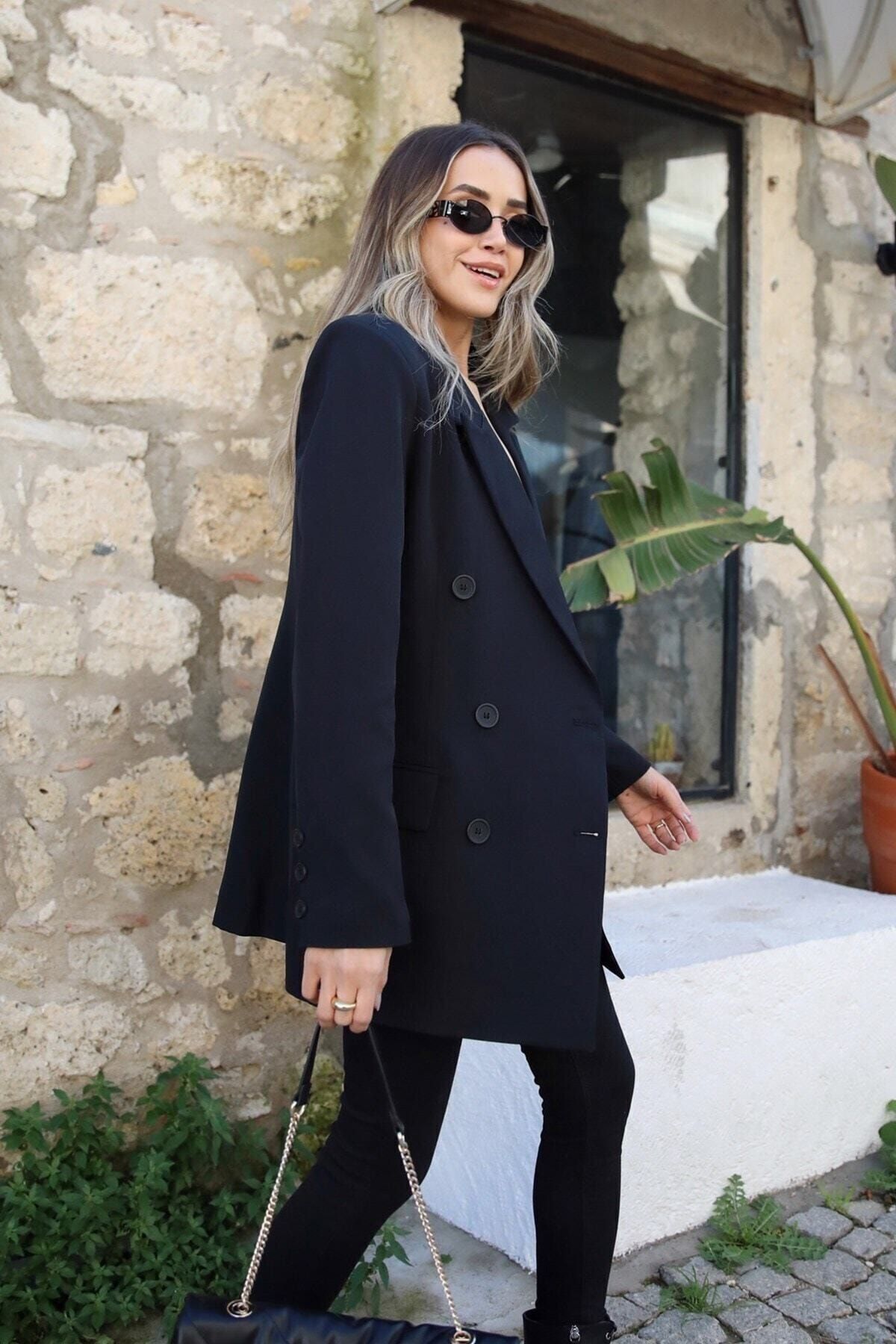 Moda Bu Kadın Siyah Düğme Detaylı Blezer Ceket