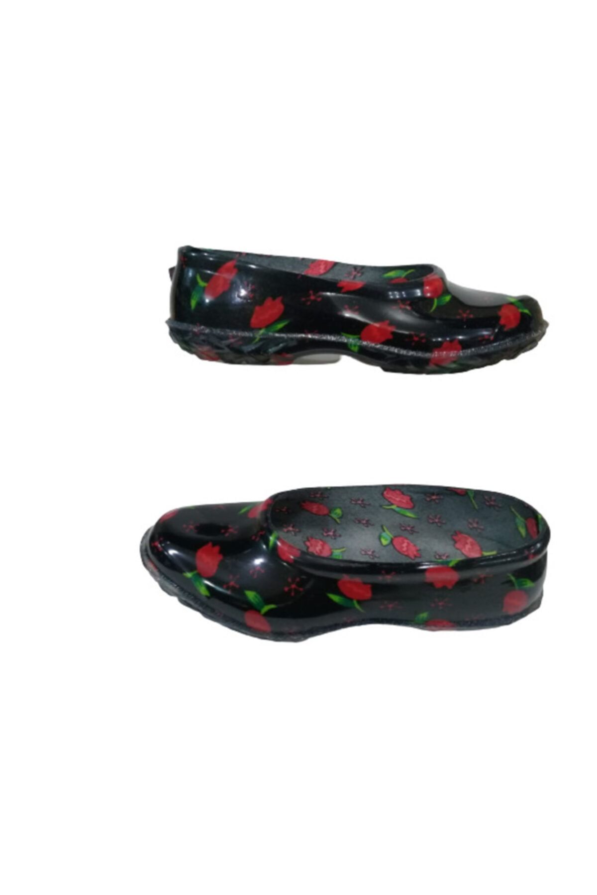 Emek E2025-010 Kadın Siyah Kırmızı Lale Desenli Lastik Günlük Ayakkabı
