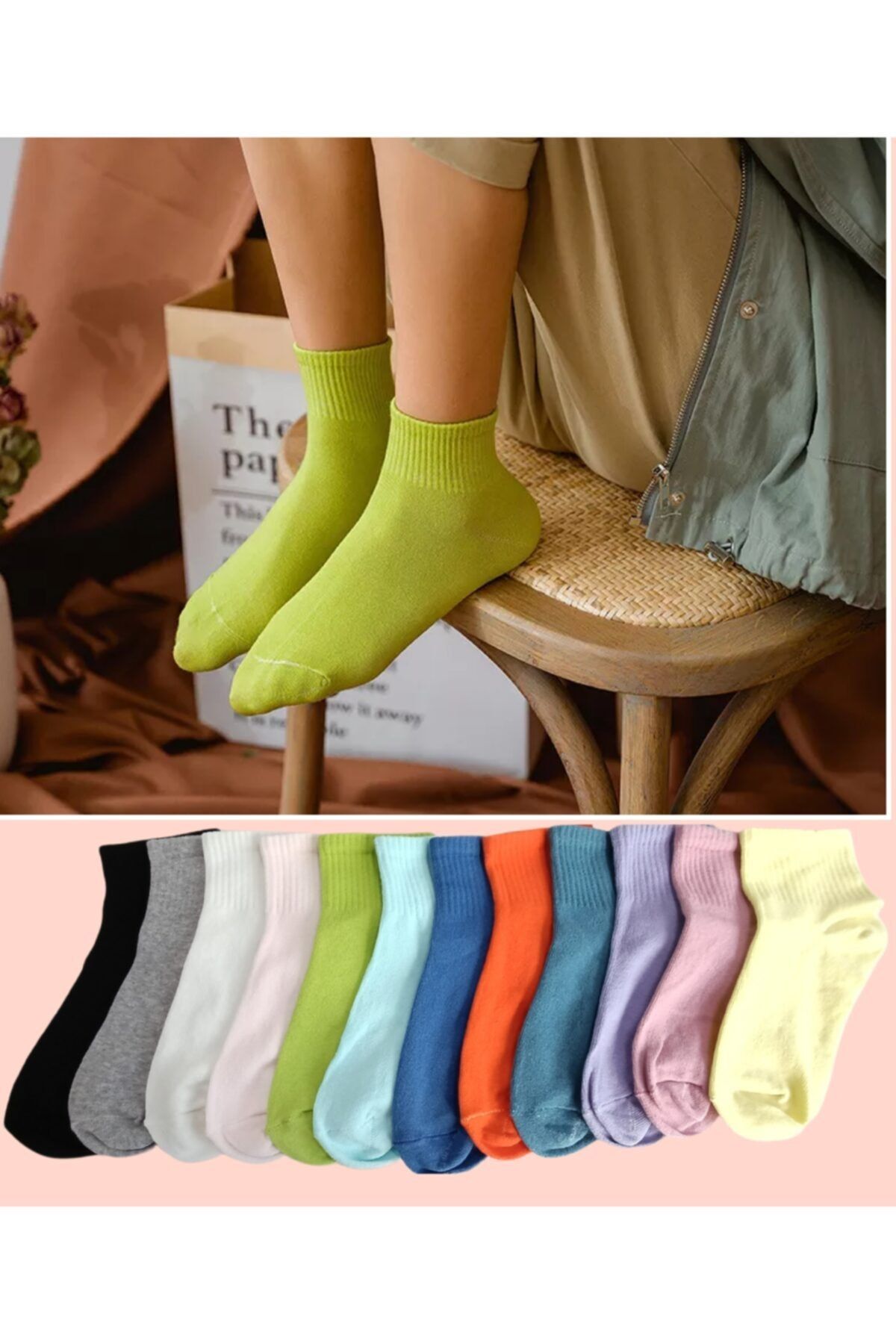 çorapkolik 12'li Unisex Çok Renkli Çizgisiz Pamuklu Bilek Çorap
