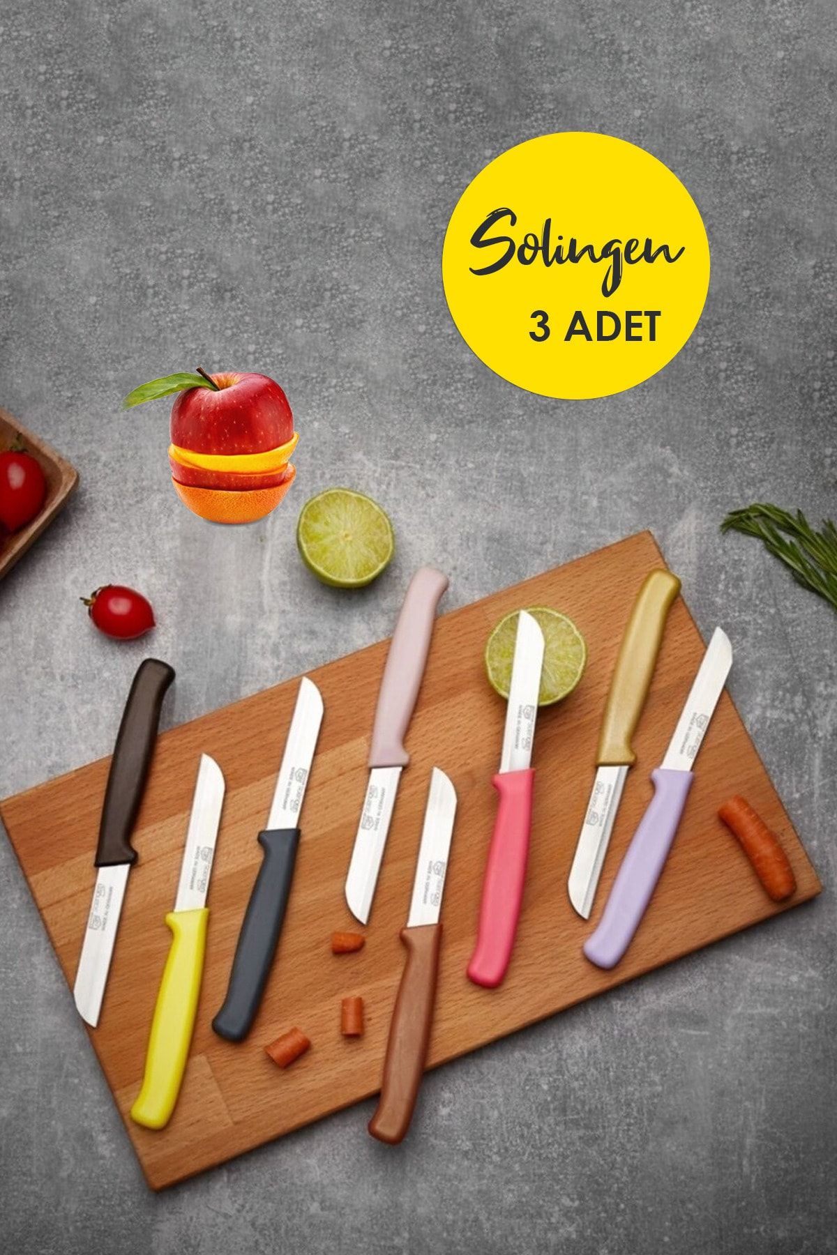 Anadolu Saray Çarşısı Pratik Orijinal Solingen 3 Adet Renkli Saplı Sebze Ve Meyve Kesme Bıçağı - 3 Adet Tırtıklı Solingen