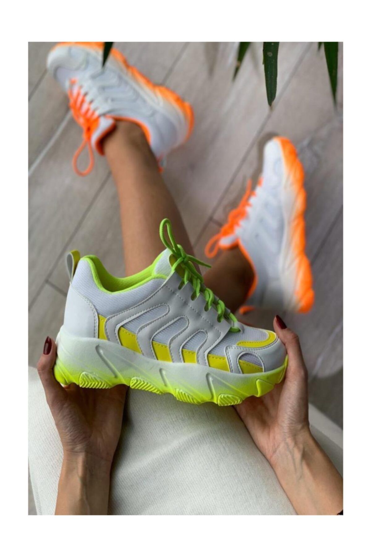 İnan Ayakkabı Kadın Beyaz Cilt Neon Yeşil Sneaker Y1404