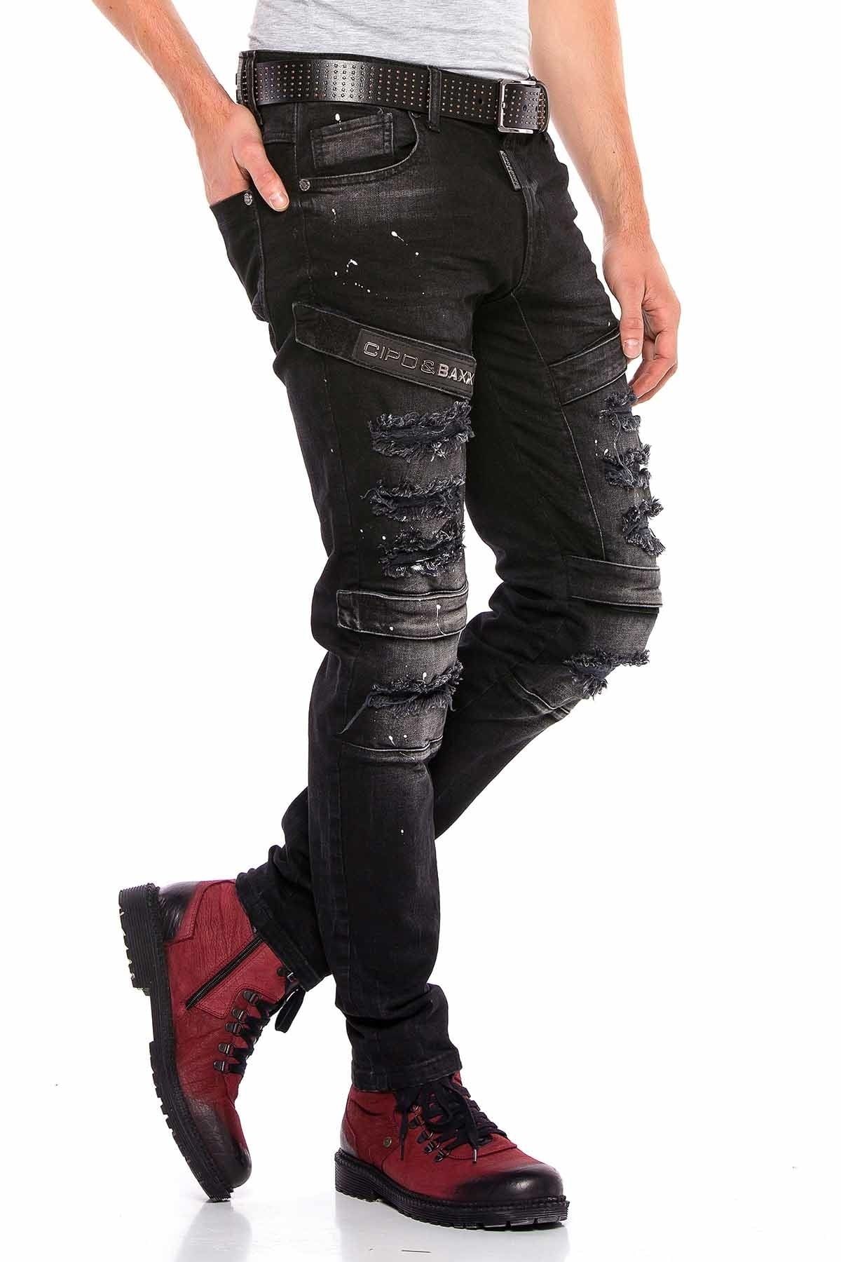 Cipo&Baxx Erkek Siyah Yırtık Slim Cırtcırtlı Rock Kot Pantolon