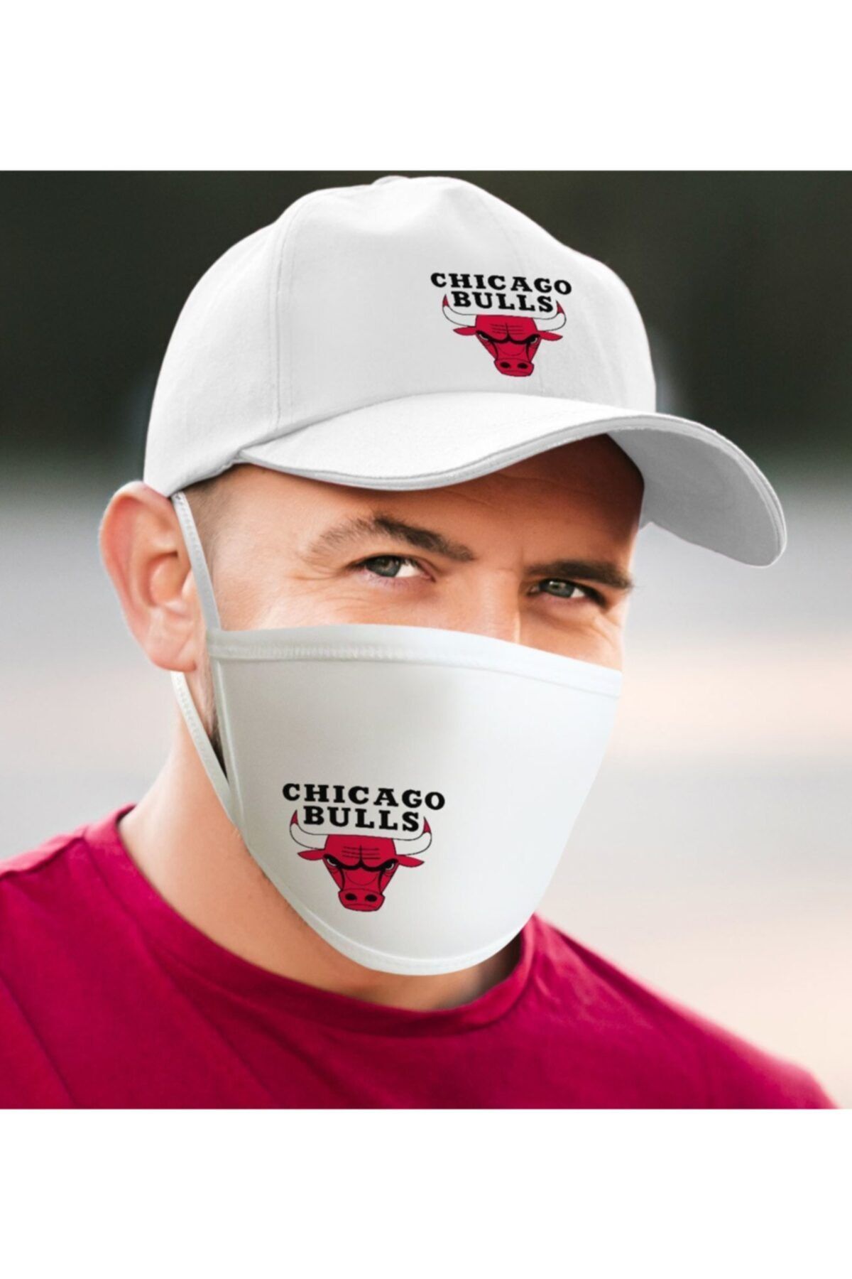 BK Nba Chicago Bulls Beyaz Şapka Ve Yıkanabilir Maske Seti