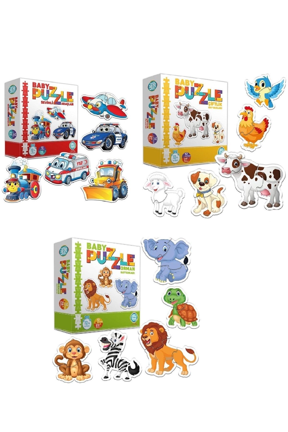 Circle Toys Baby Eğitici Puzzle 3 Lü Set - Orman Hayvanları - Sevimli Araçlar - Çiftlik Hayvanları