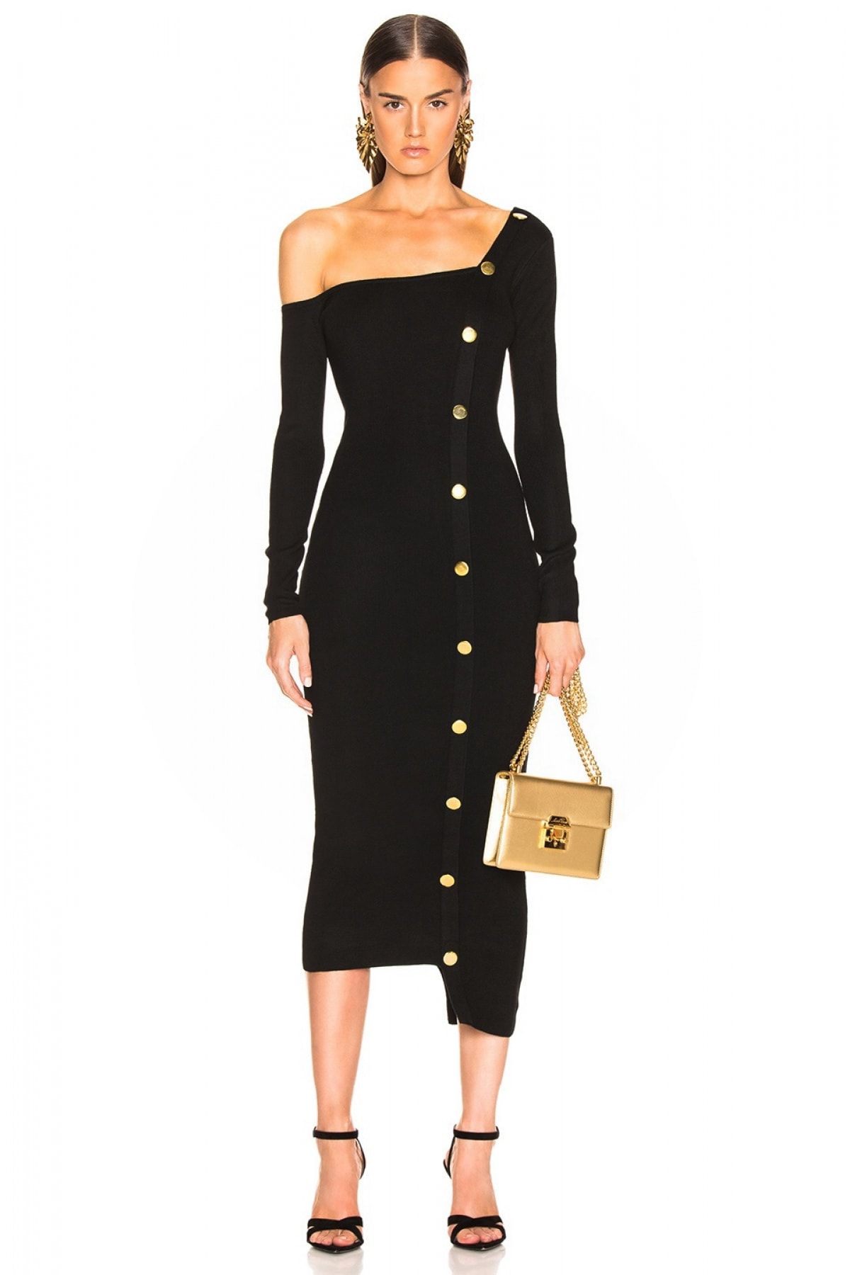 By Umut Design Kadın Siyah Düğme Detaylı Tek Omuz Elbise 4500616