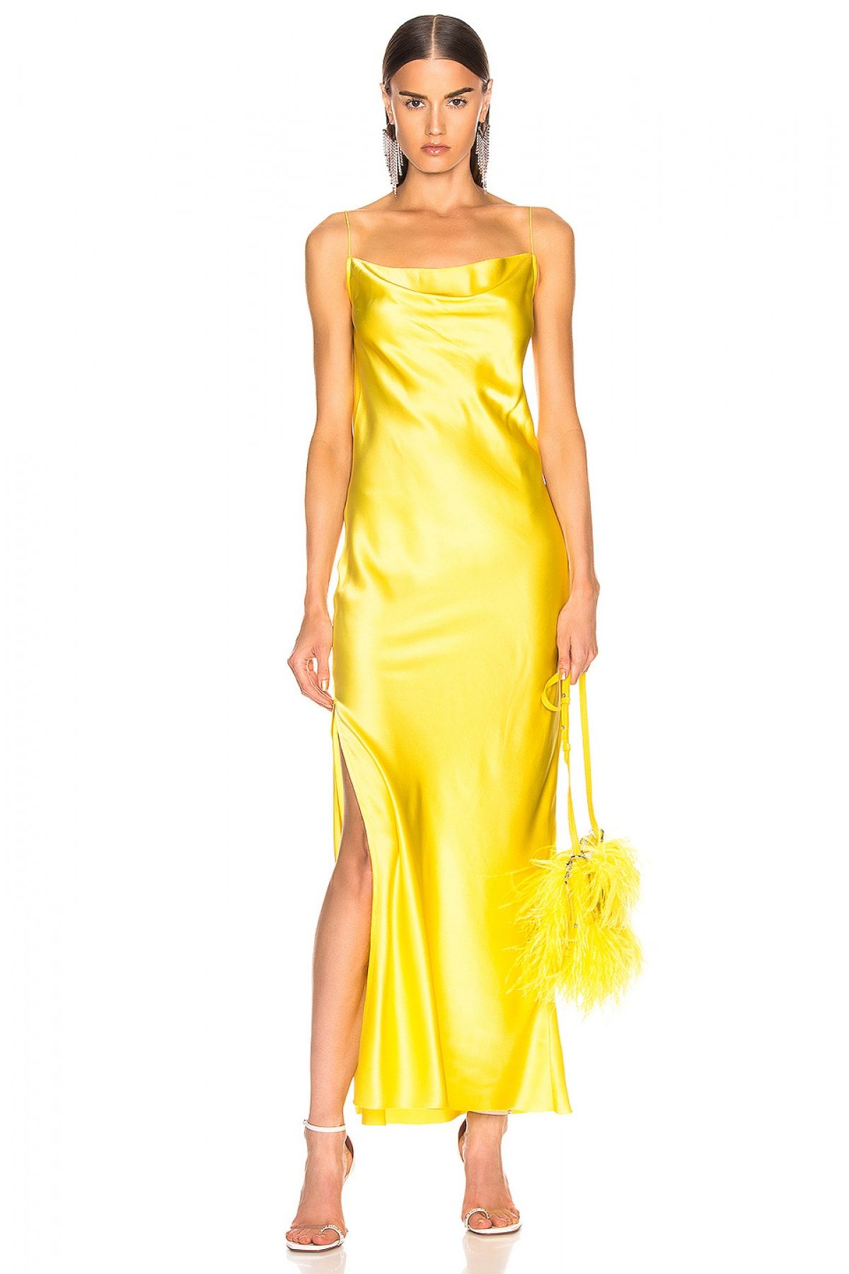 By Umut Design Kadın Sarı Degaje Yaka Spagetti Askılı Yandan Yırtmaçlı İpek Saten Elbise 4574267