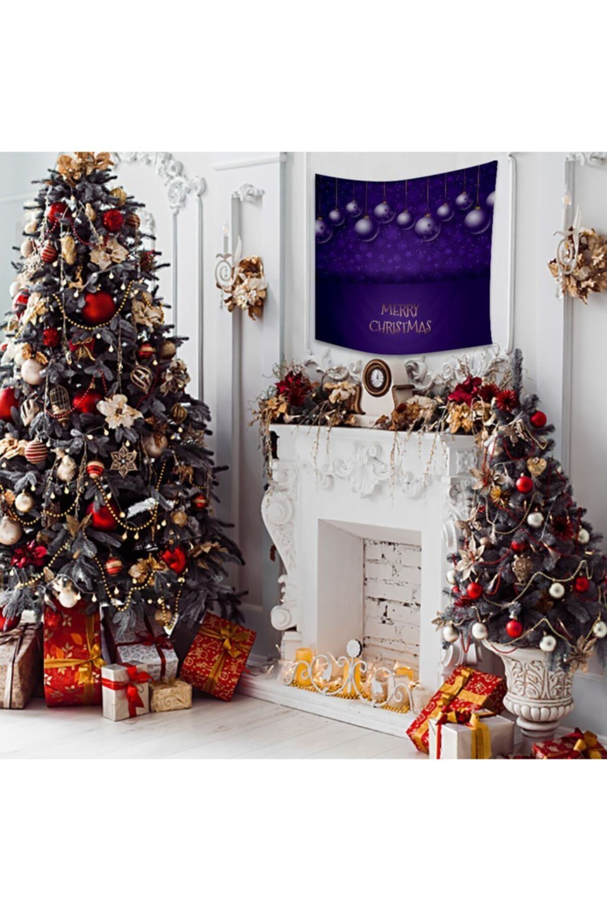 Henge Home Mor Lila Yılbaşı Süsleri Yıldızlar Ile Mutlu Noeller Duvar Örtüsü 140cm X 300cm