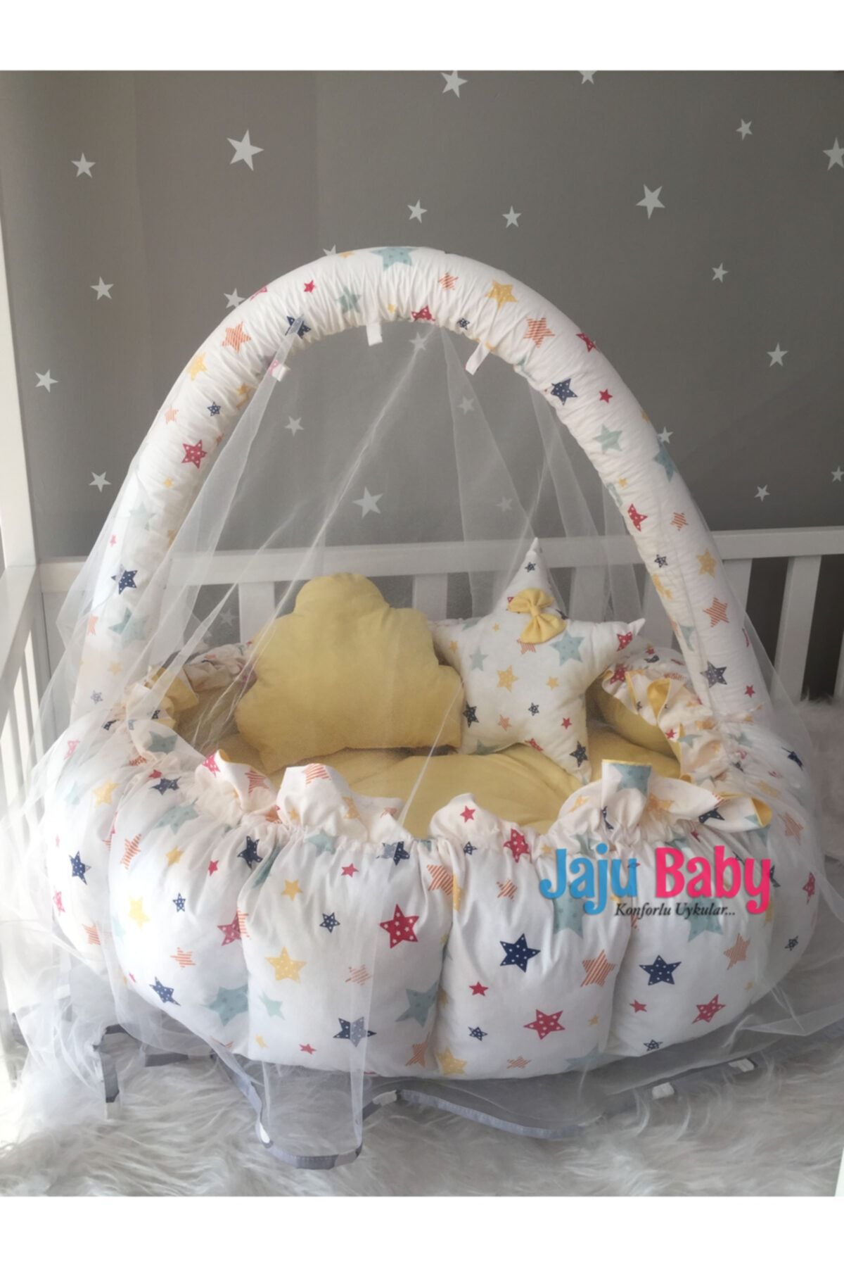 Jaju Baby Nest Sarı Yıldız Tasarım Lüx Oyun Minderi Jaju-babynest Cibinlik Tül Oyuncak Aparat Set