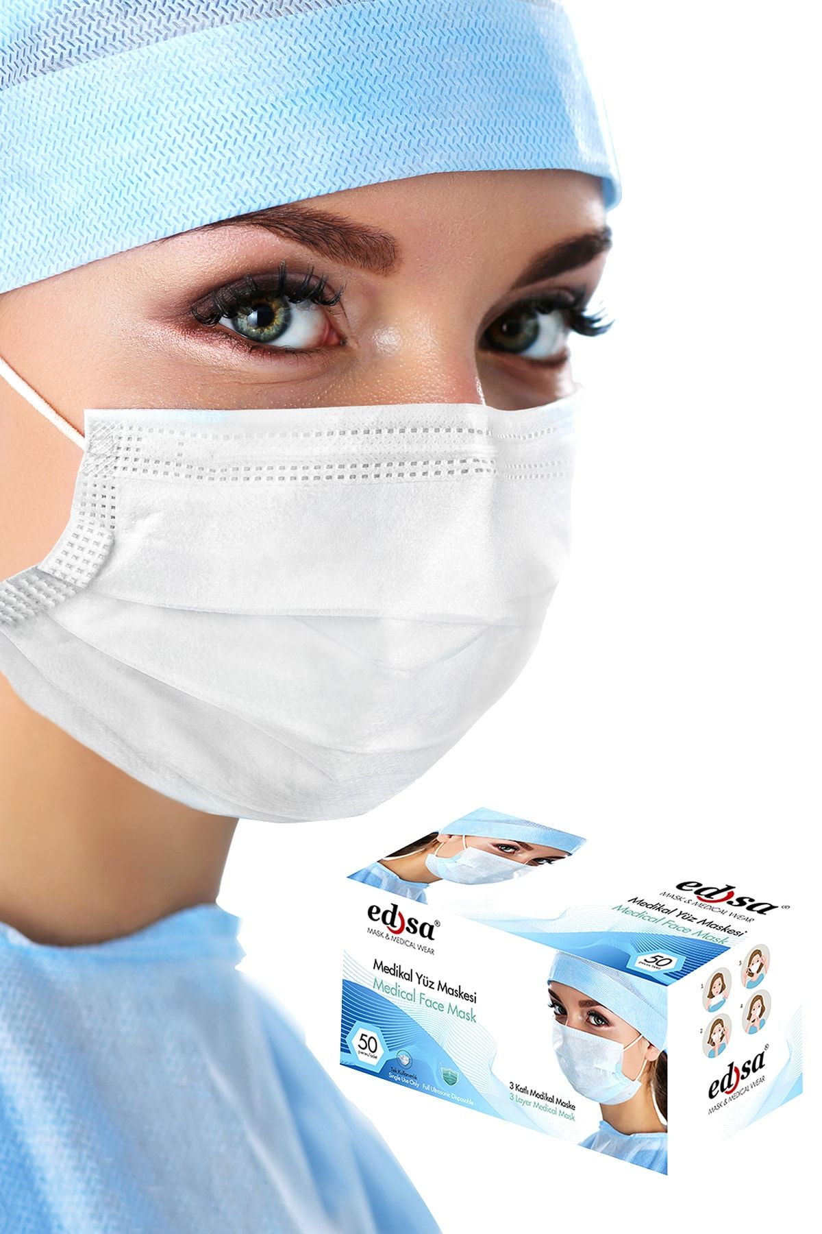 EDSA Beyaz 1 Kutu 50 Adet Meltblownlu 3 Kat Tek Kullanımlık Burun Telli Ultrasonik Koruyucu Yüz Maskesi
