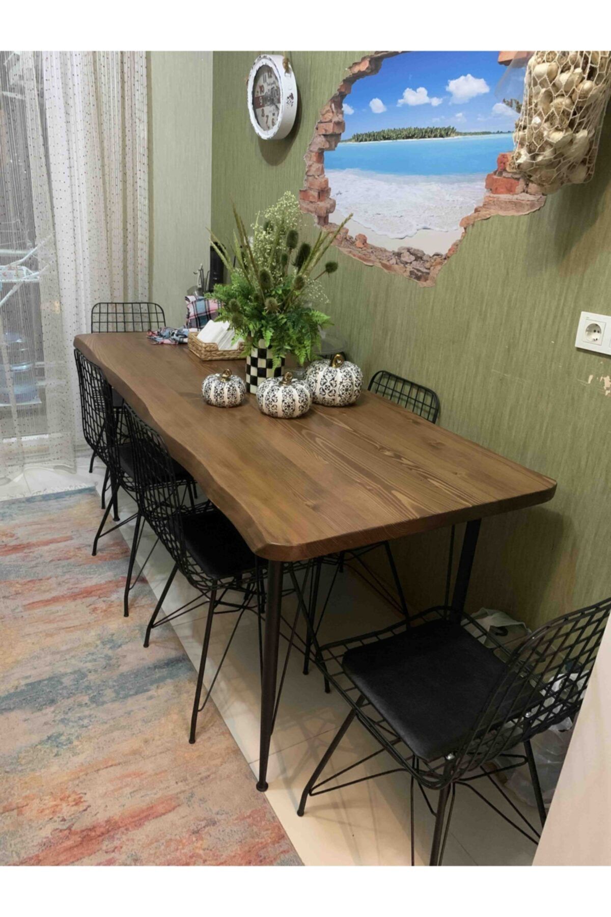 Ressa Home Sedef Lüx Doğal Kütük Tel Ayaklı Mutfak Masası Takımı-mutfak Masası-salon Mutfak Takımı 80x160 Cm