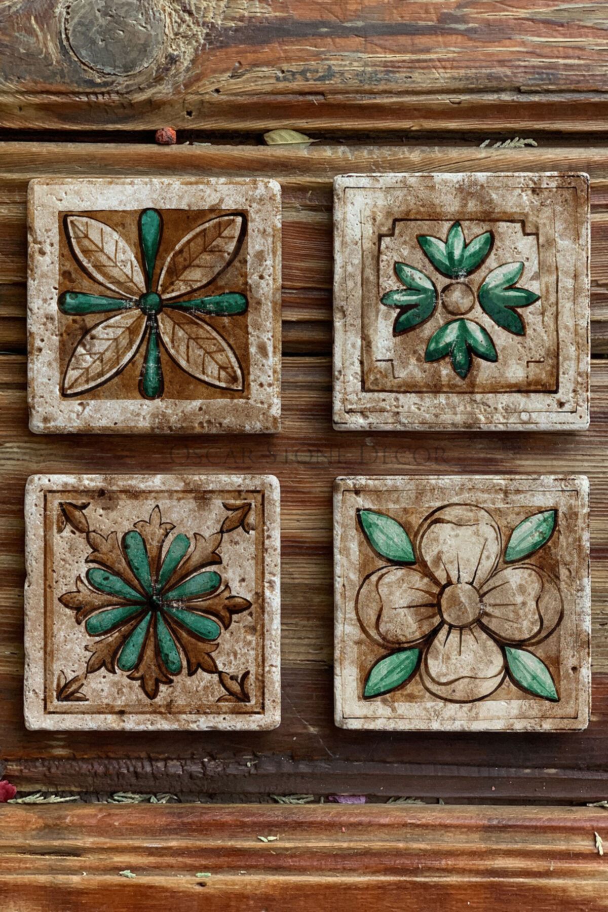 Oscar Stone Decor Baskılı Doğaltaş Bardak Altlığı 4'lü Set Desen Tile