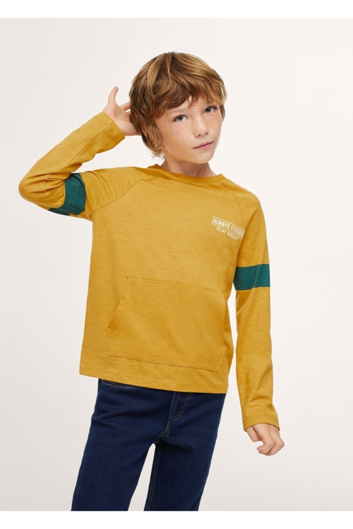 MANGO Kids Çocuk Hardal Rengi Uzun Kollu Cepli Tişört