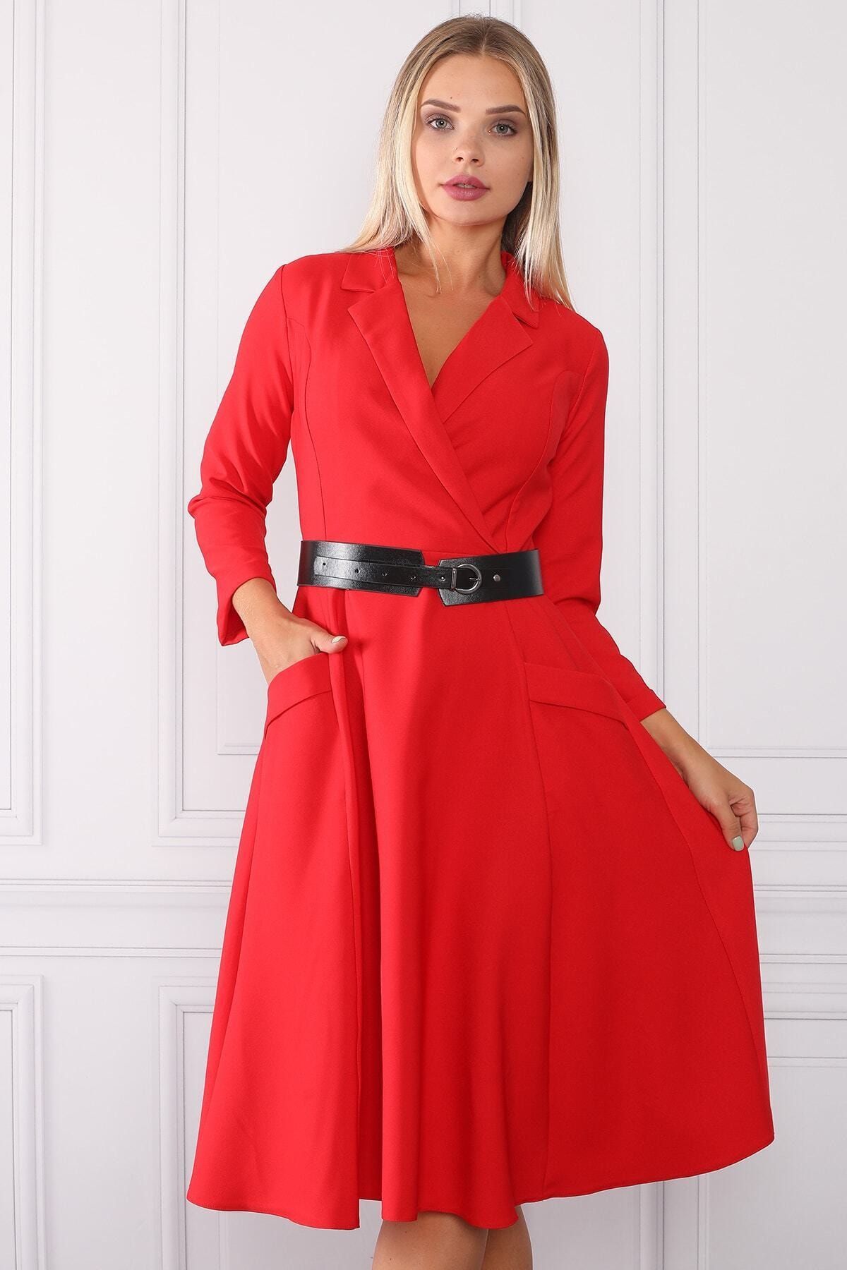 Element's Kadın Kırmızı Kruvaze Yaka Cep Ve Yaka Detaylı Elbise