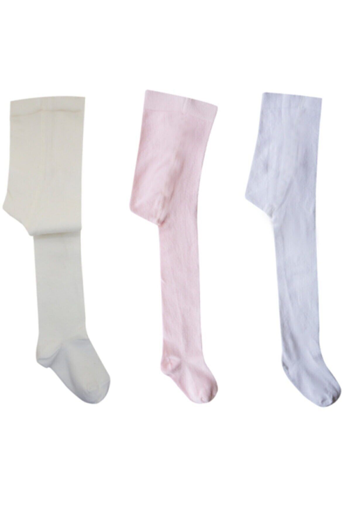 ESES BEBE Ekru Pembe Beyaz Pamuklu 3lü Külotlu Çorap